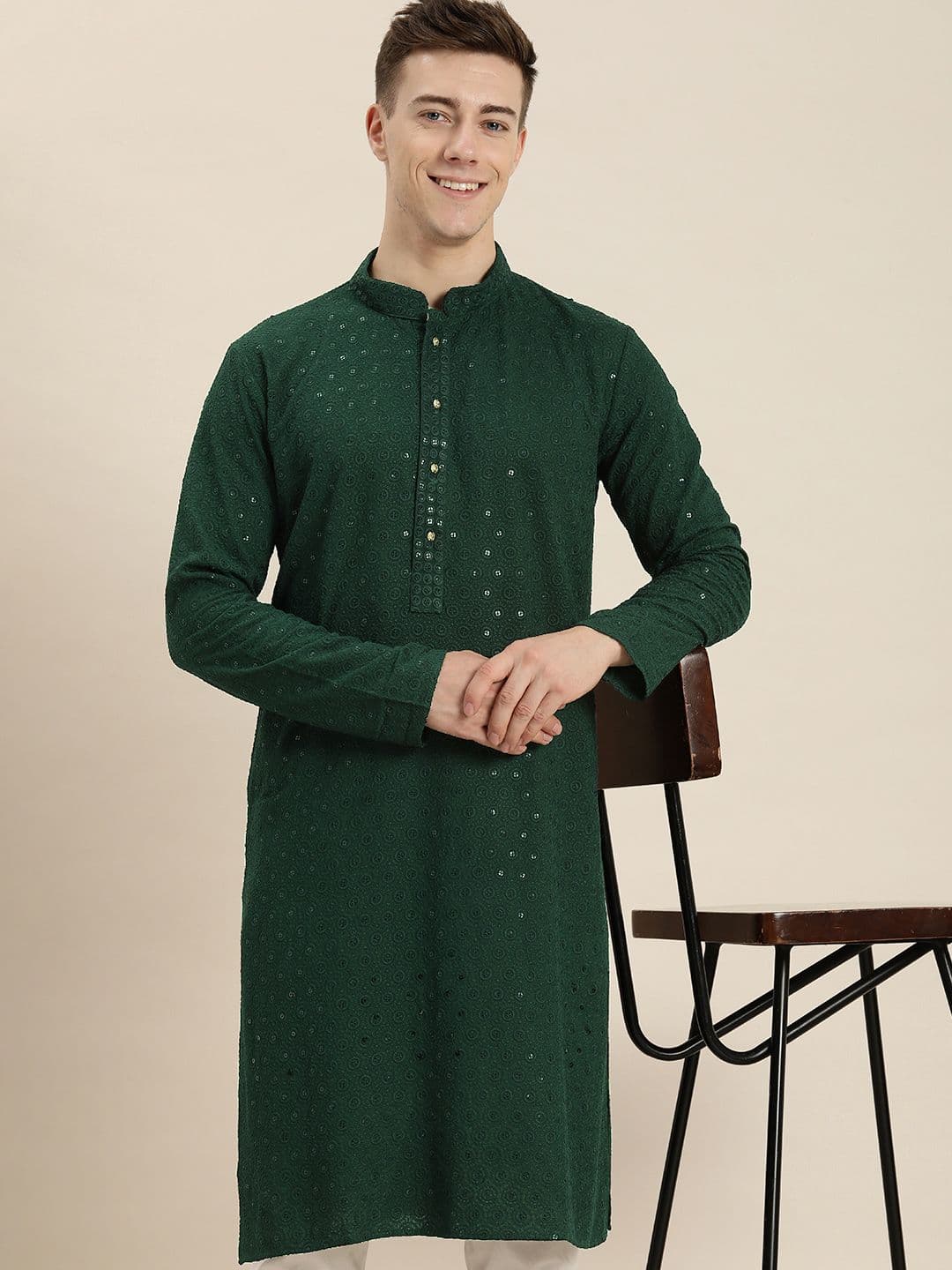 HERE&NOW Men Ethnic Motifs Embroidered Chikankari Kurta - view 1