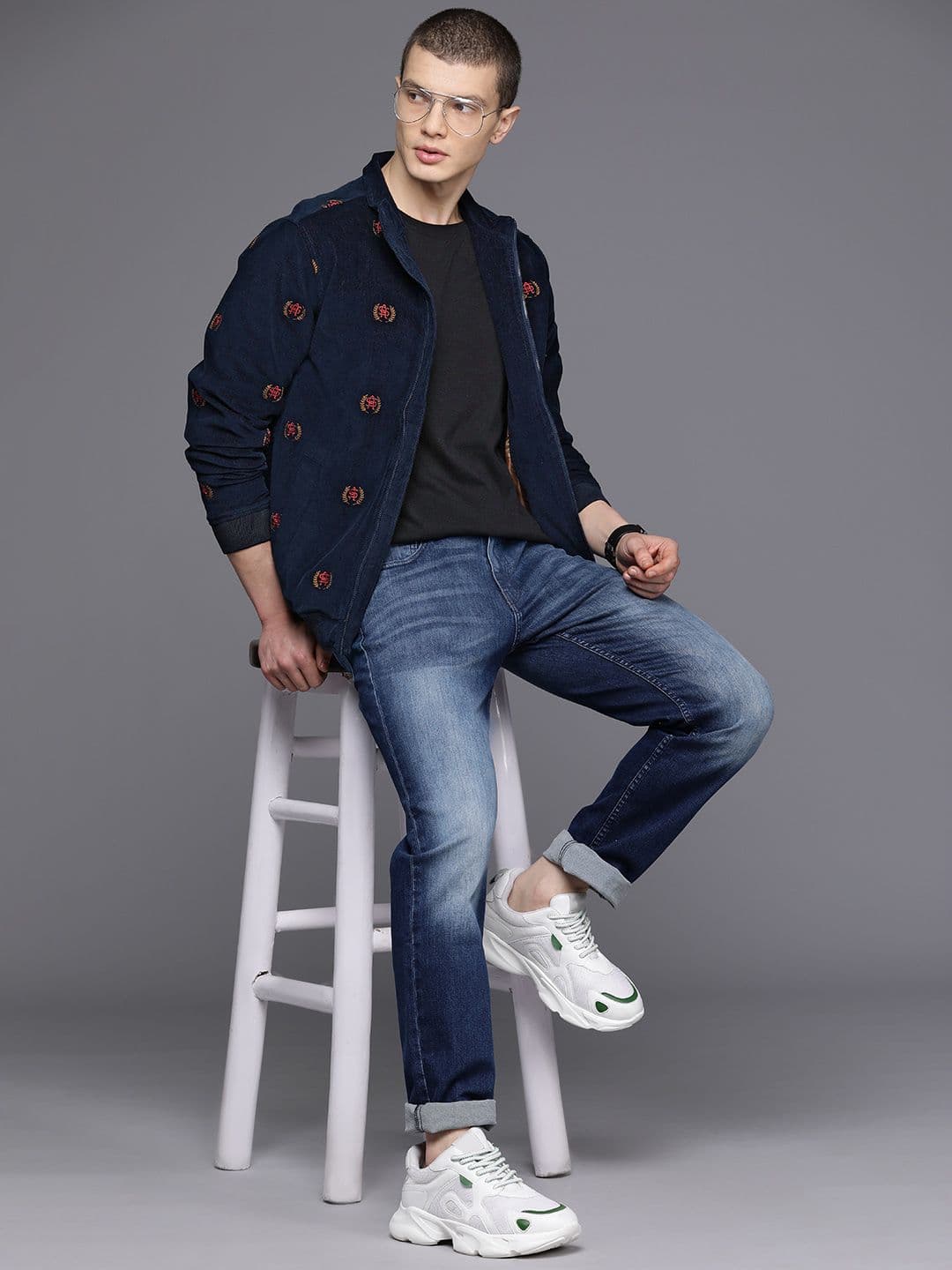 Allen Solly Brand Logo Embroidered Mock Collar Corduroy Bomber Jacket - view 1