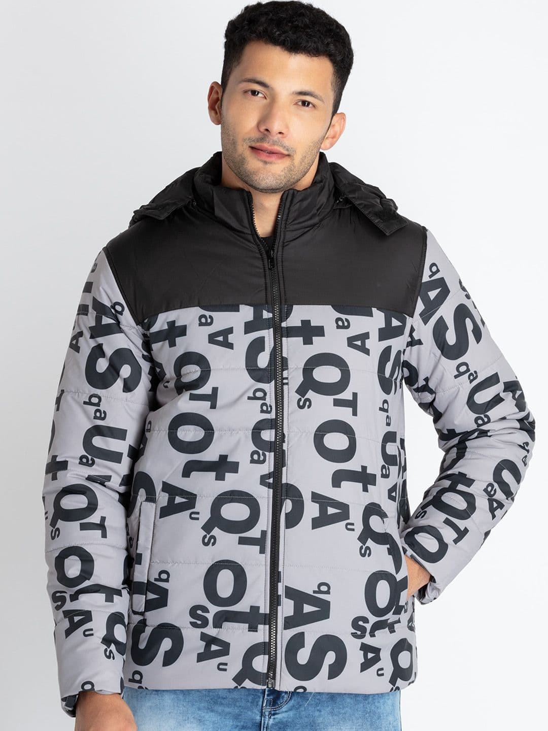 Status Quo Typography Printed Hooded Padded Jacket - view 1
