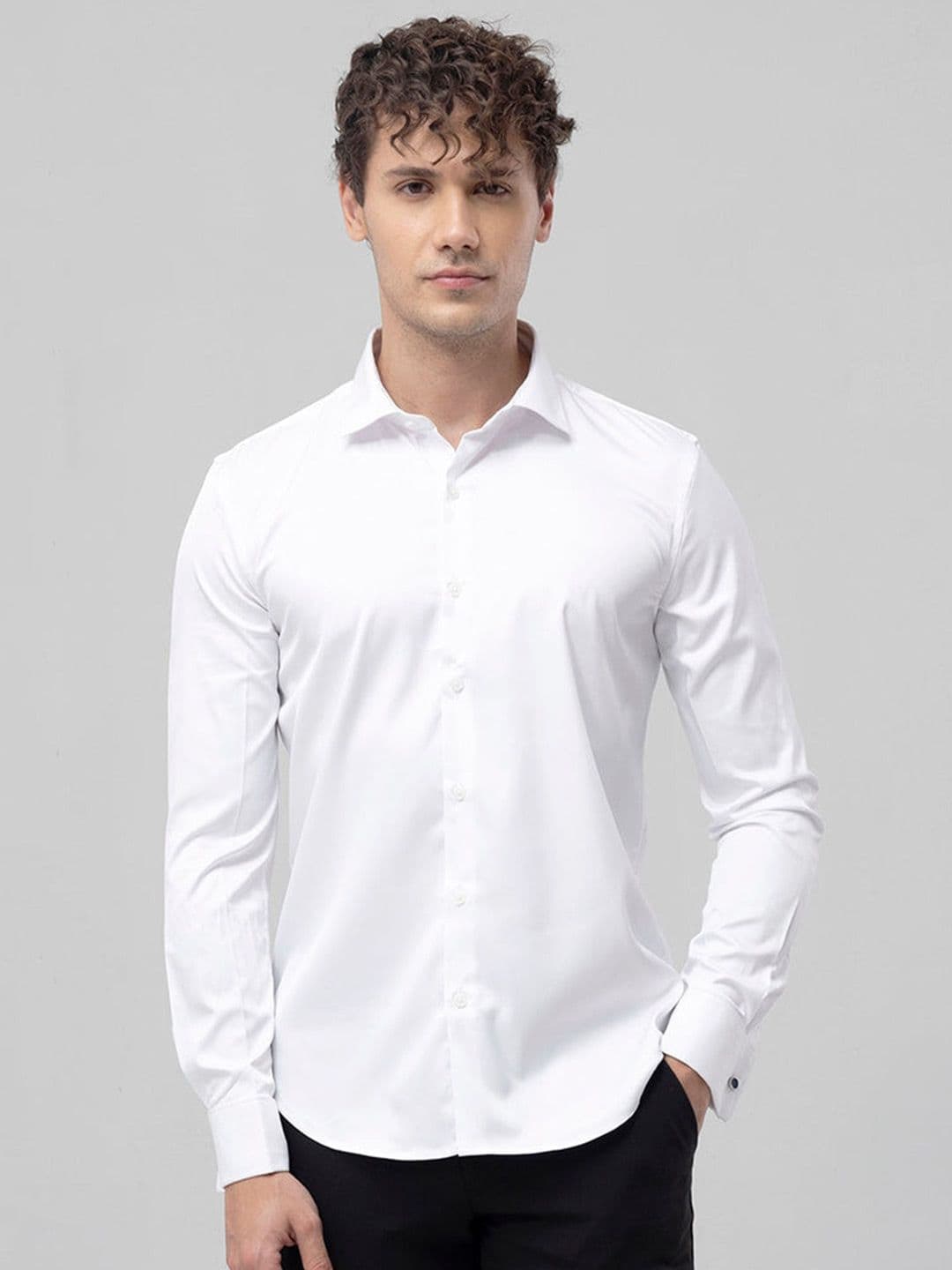 Snitch White Classic Slim Fit Satin Cotton Casual Shirt