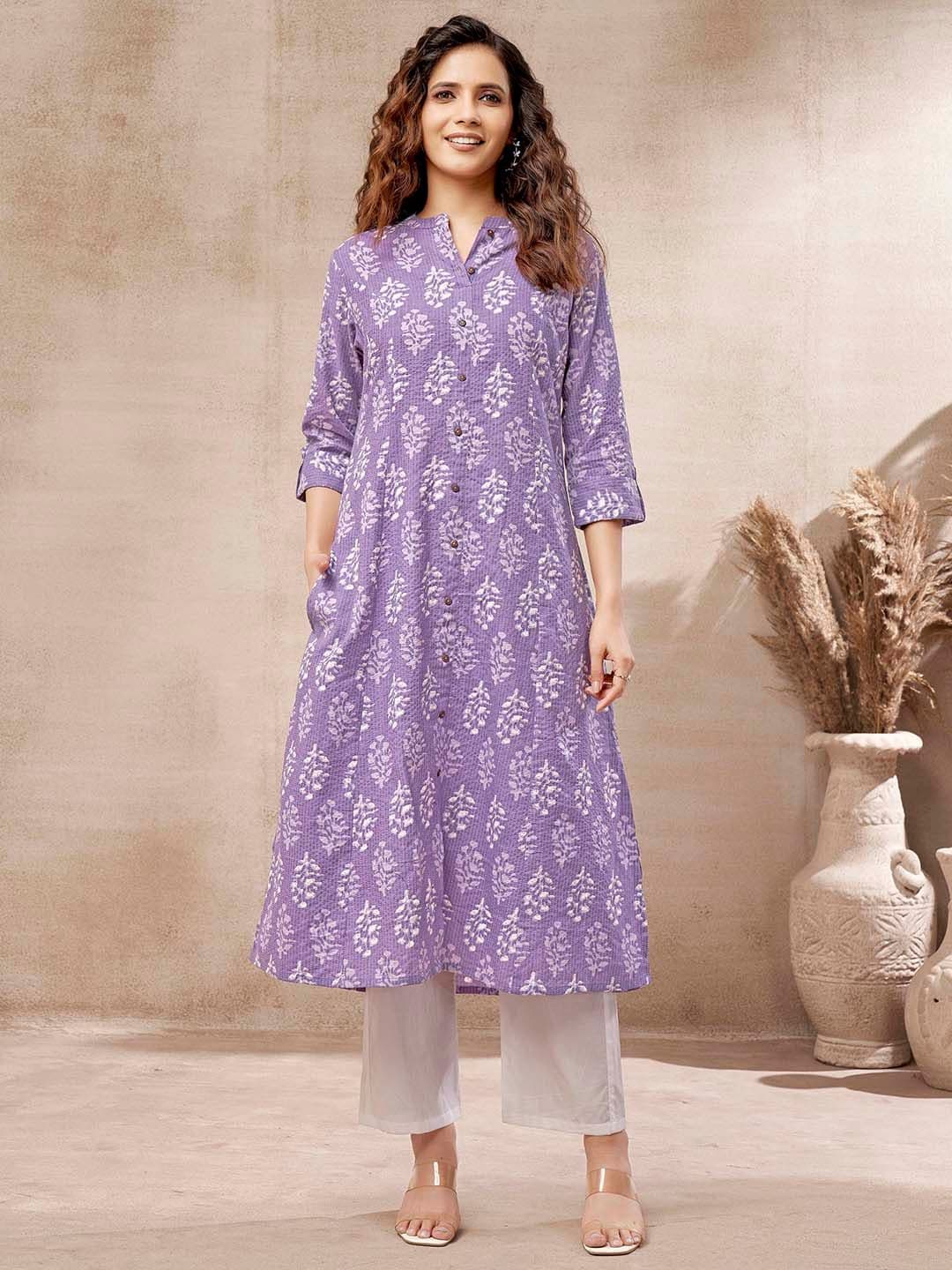DRESOUL Floral Printed Kantha Work Detailed Pure Cotton A-Line Kurta - view 1