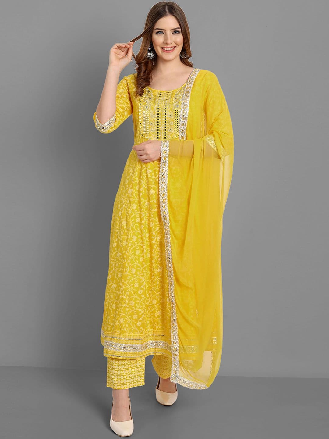 SINGNI Floral Printed Mirror Work A-Line Kurta With Trousers & Dupatta - view 1