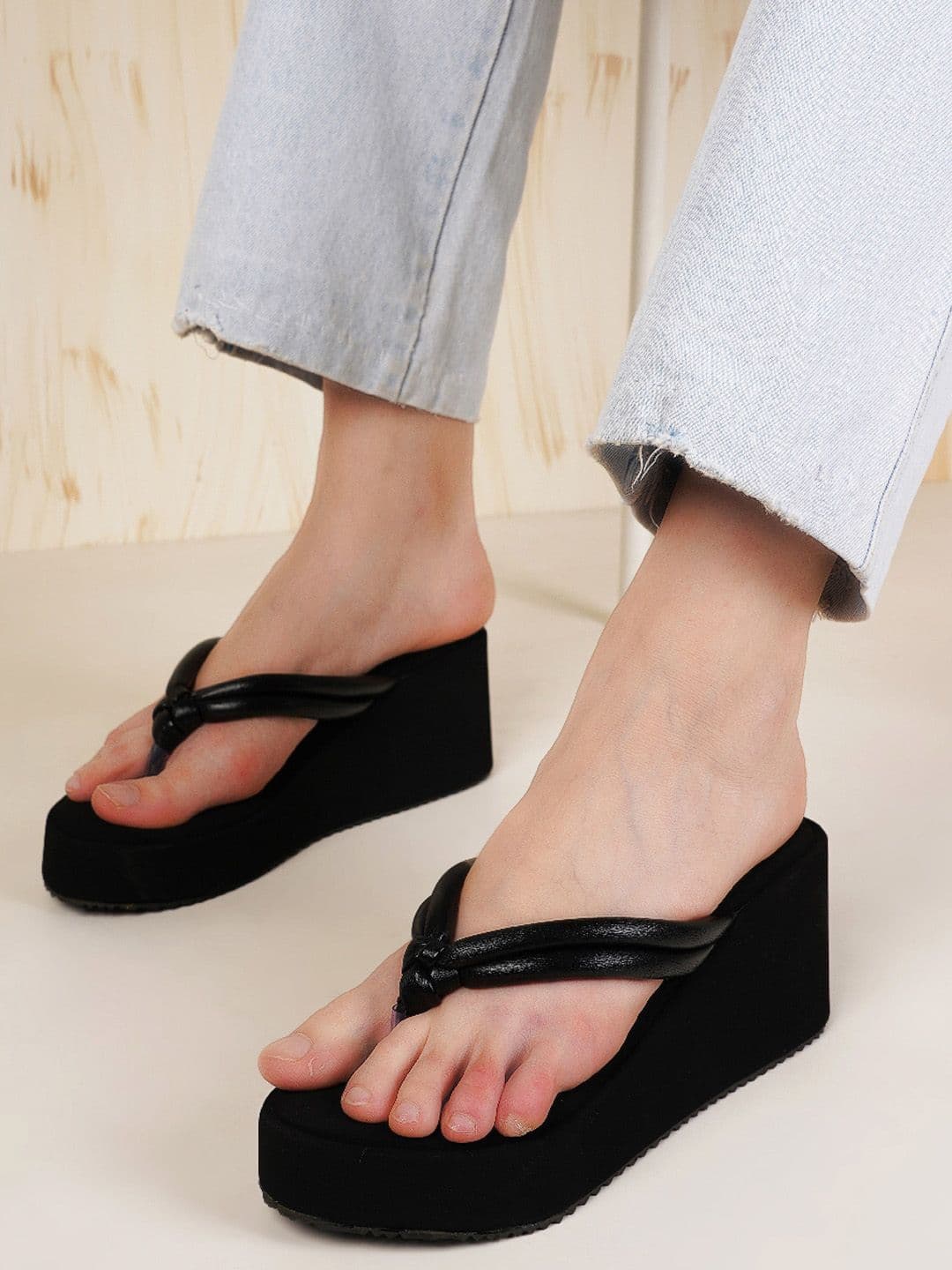 DressBerry Black Knotted Strap Flatform Heels - view 1