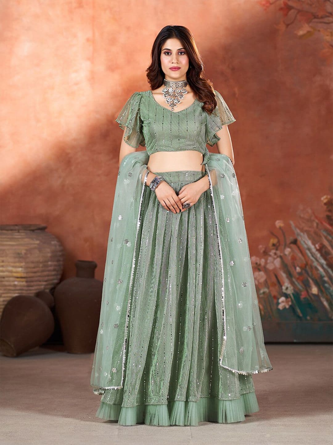 SHOPGARB Embroidered Sequinned Semi-Stitched Lehenga & Unstitched Blouse With Dupatta - view 1