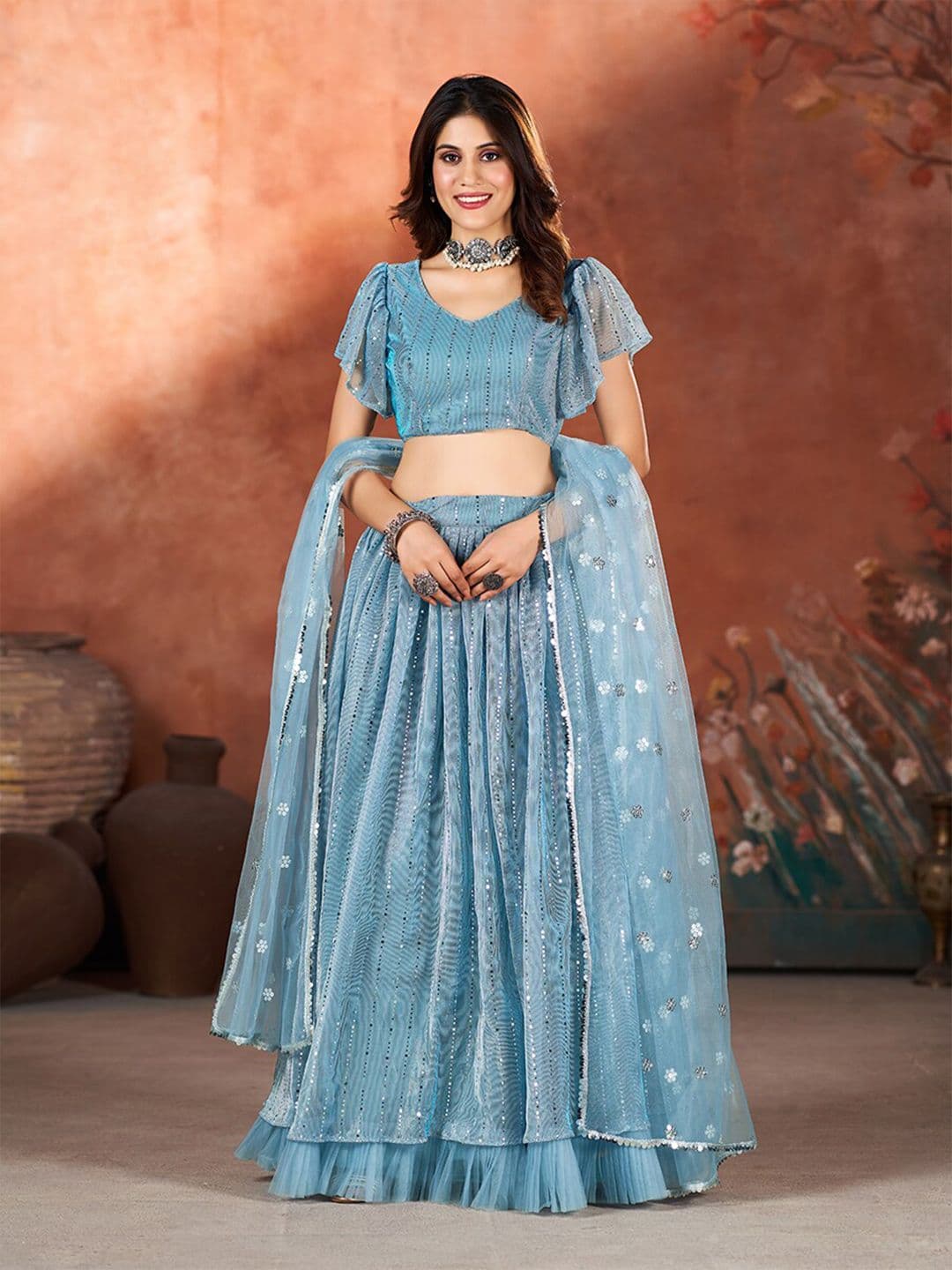 SHOPGARB Embroidered Sequinned Semi-Stitched Lehenga & Unstitched Blouse With Dupatta - view 1