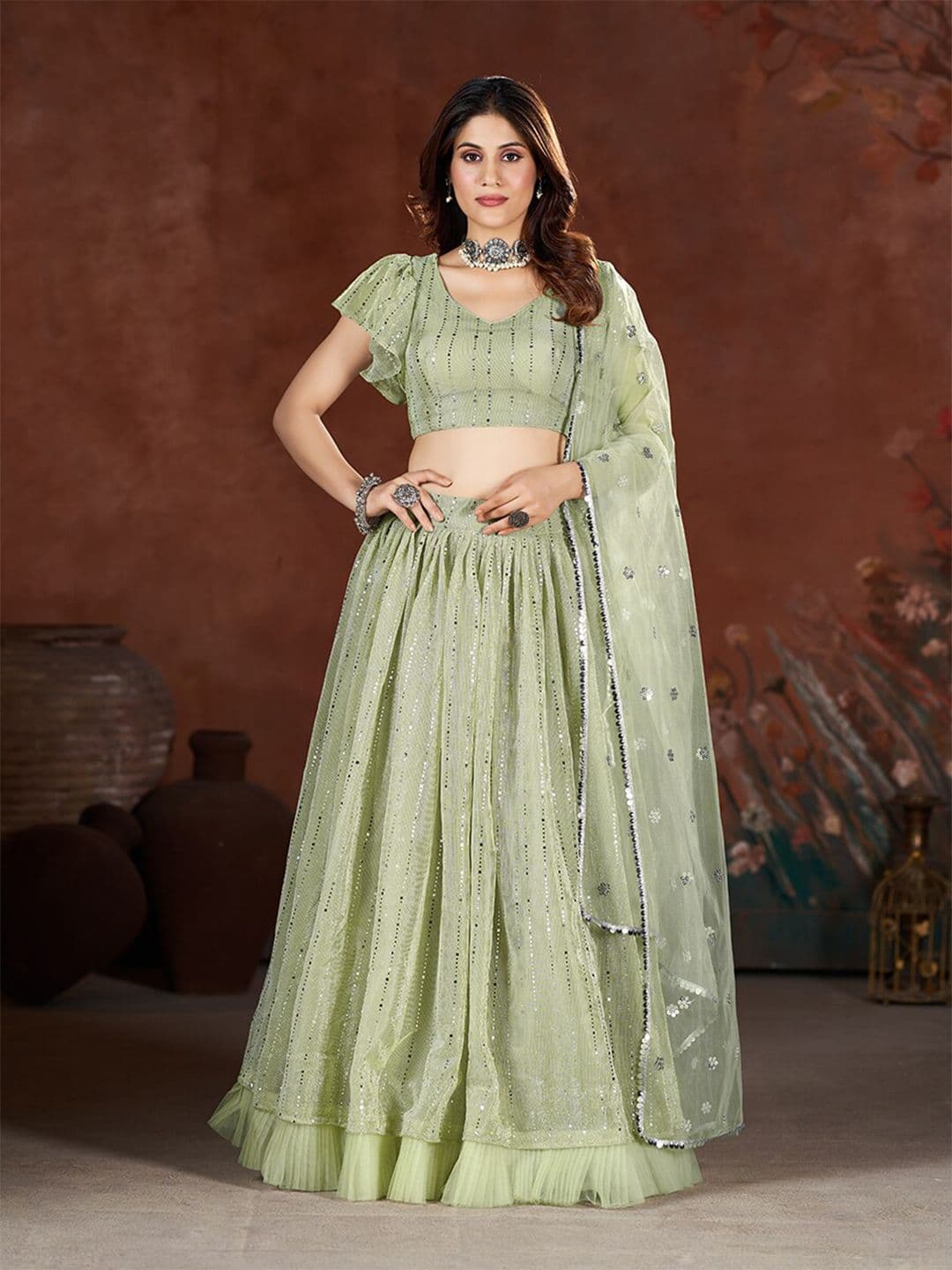 SHOPGARB Embroidered Sequinned Semi-Stitched Lehenga & Unstitched Blouse With - view 1