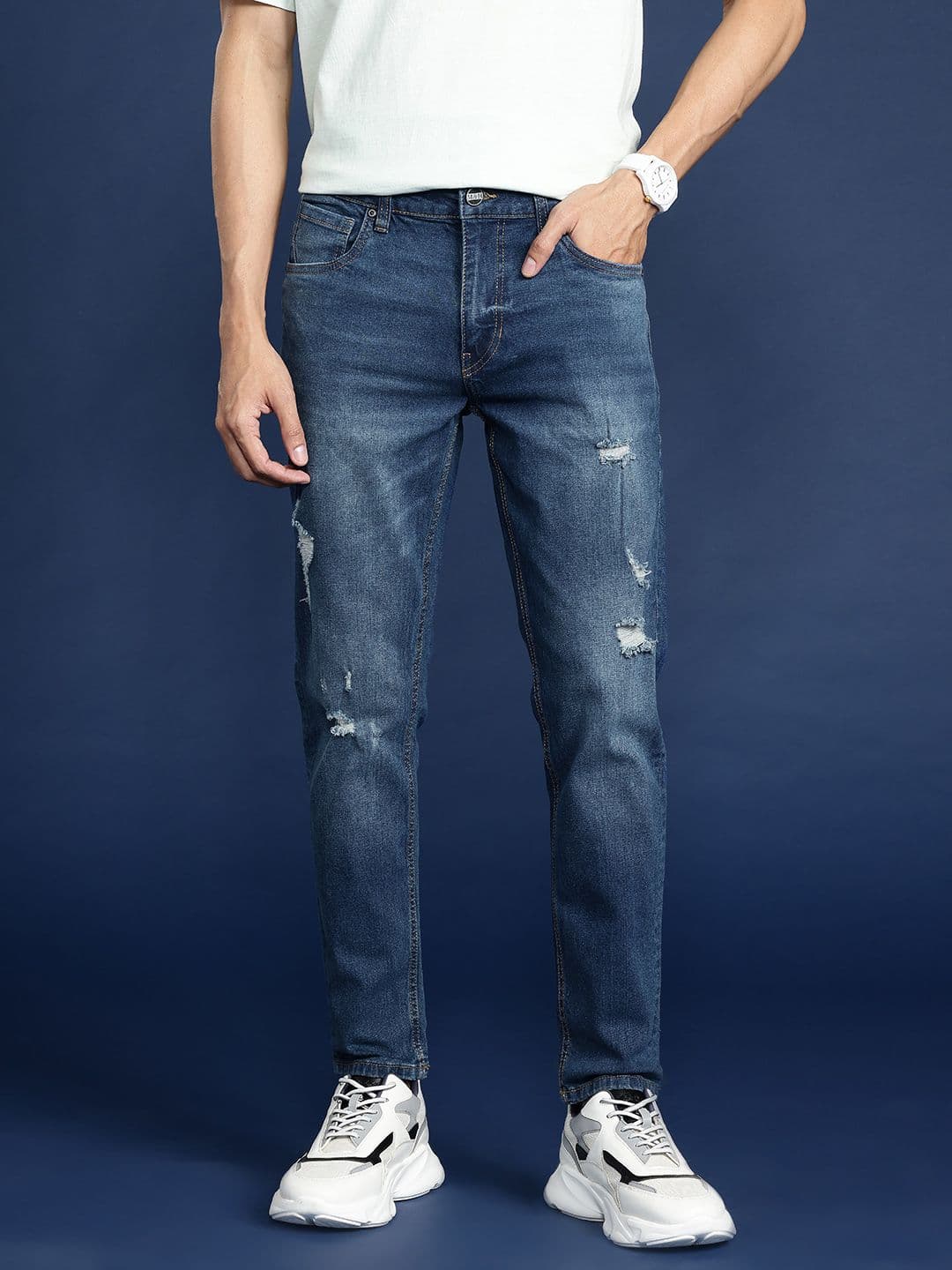 Mast & Harbour Men Slim Tapered Fit Low Distress Light Fade Stretchable Jeans - view 1