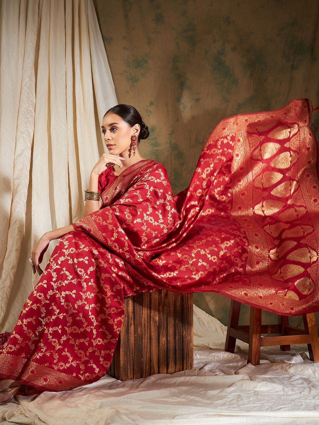 Sangria Red & Gold-Toned Floral Woven Design Zari Banarasi Saree - view 1
