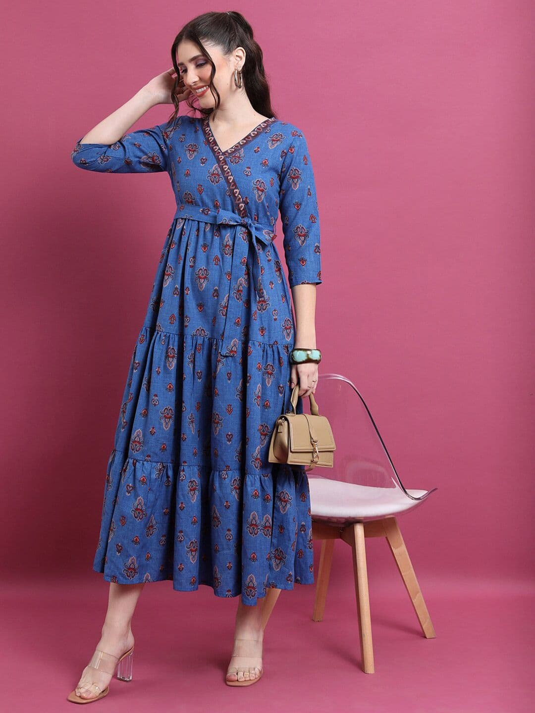 Vishudh Blue Ethnic Motifs Printed V-Neck Tiered Empire Midi Ethnic Dress - view 1