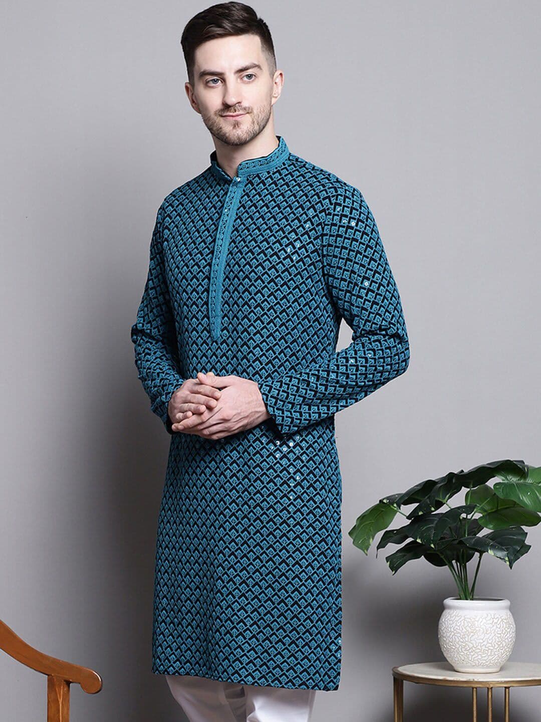Jompers Geometric Embroidered Thread Work Sequinned Pure Cotton Kurta - view 1