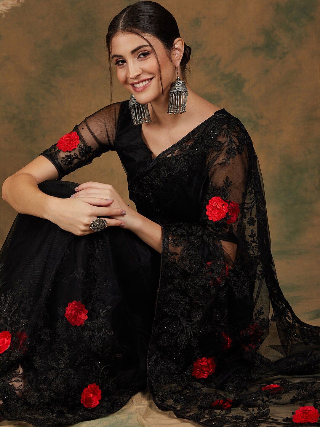 Sangria Black Floral Embroidered Saree - view 1