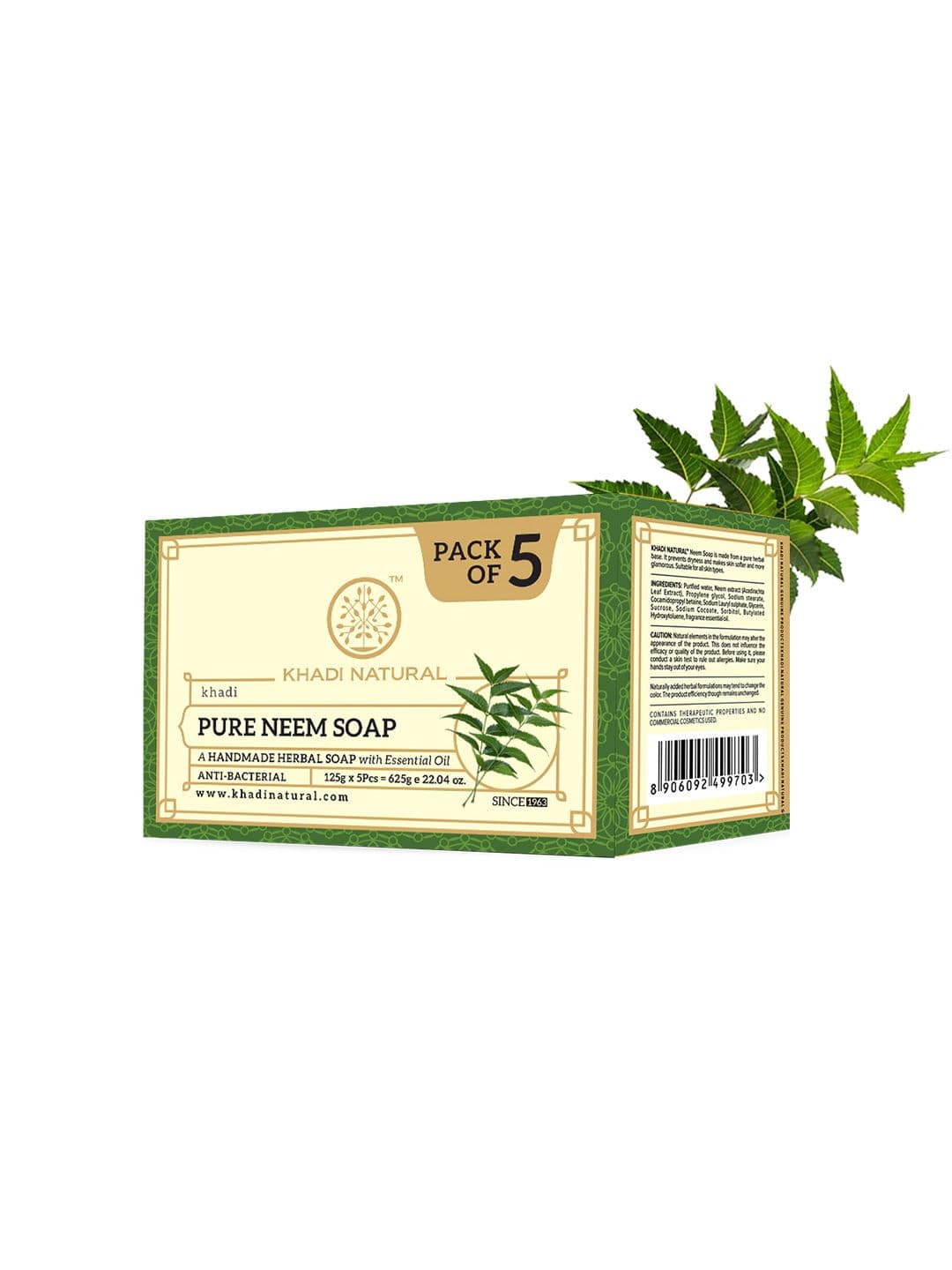 Khadi Natural Set of 5 Pure Neem Herbal Soap With Essential Oils - 125 g each - view 1