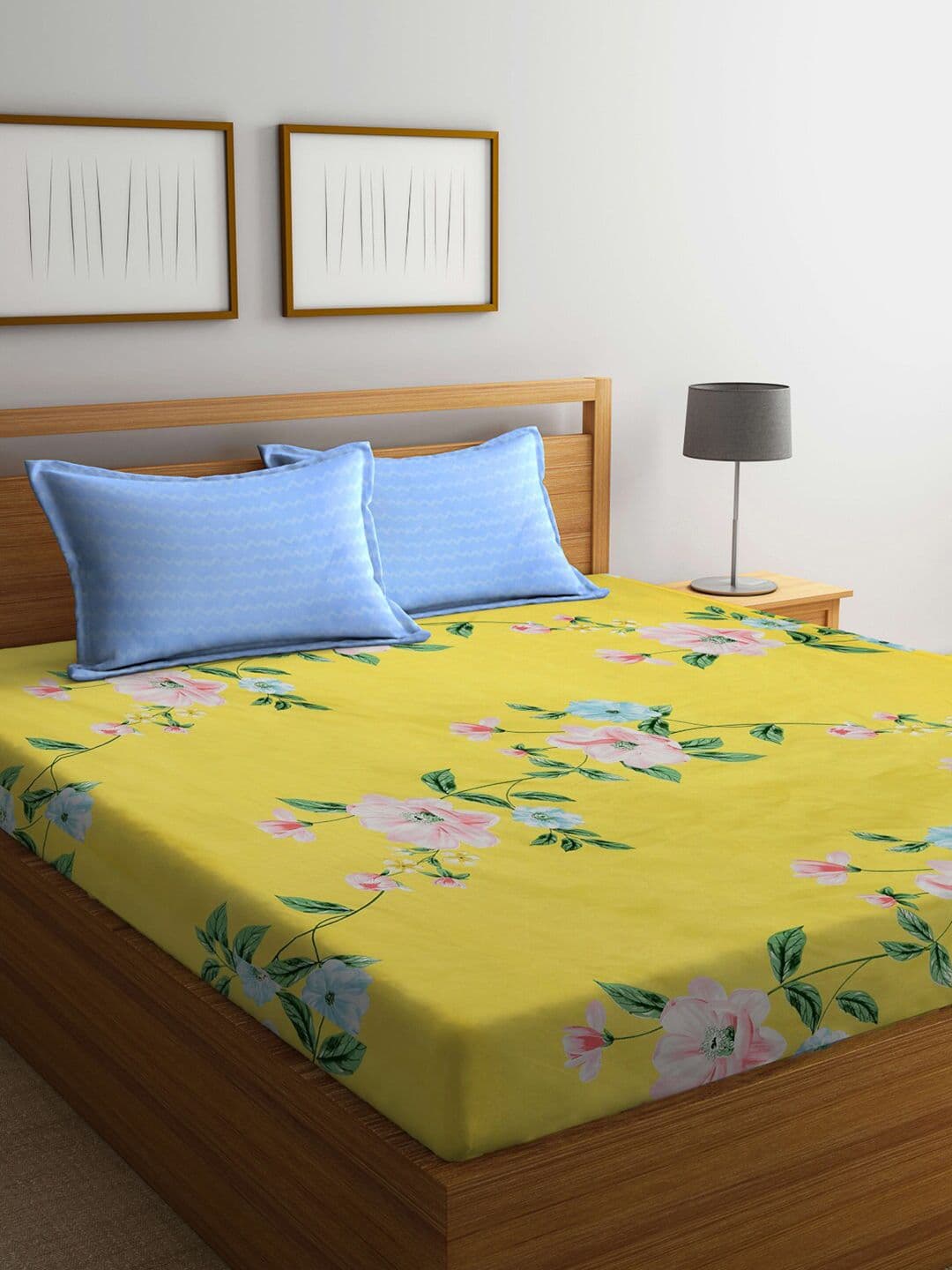 KLOTTHE Villa Yellow Floral Cotton 300 TC King Fine Bedsheet with 2 Pillow Covers-98 x 89 inches - view 1