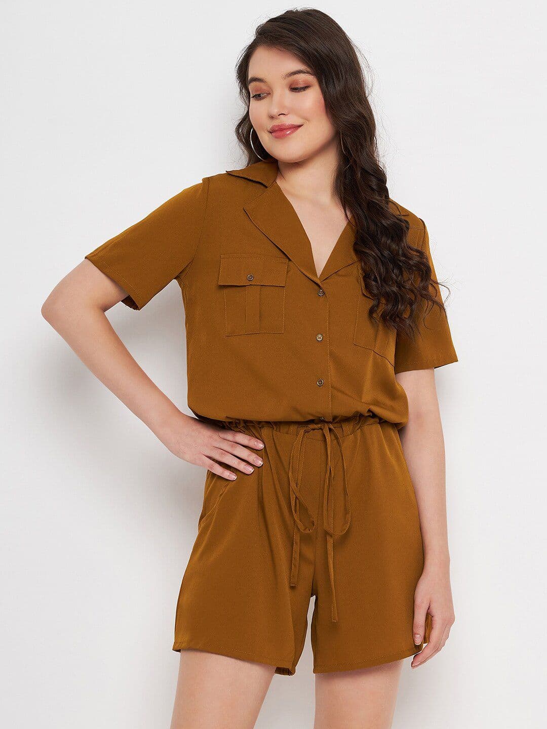 Color Cocktail Shirt Collar Jumpsuit - view 1