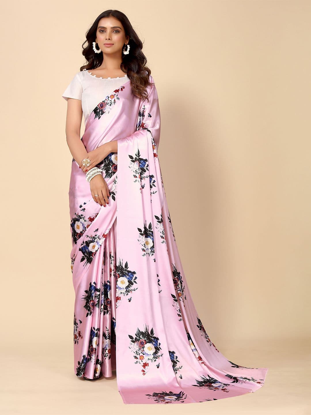 HERE&NOW Pink & Blue Floral Printed Satin Saree - view 1