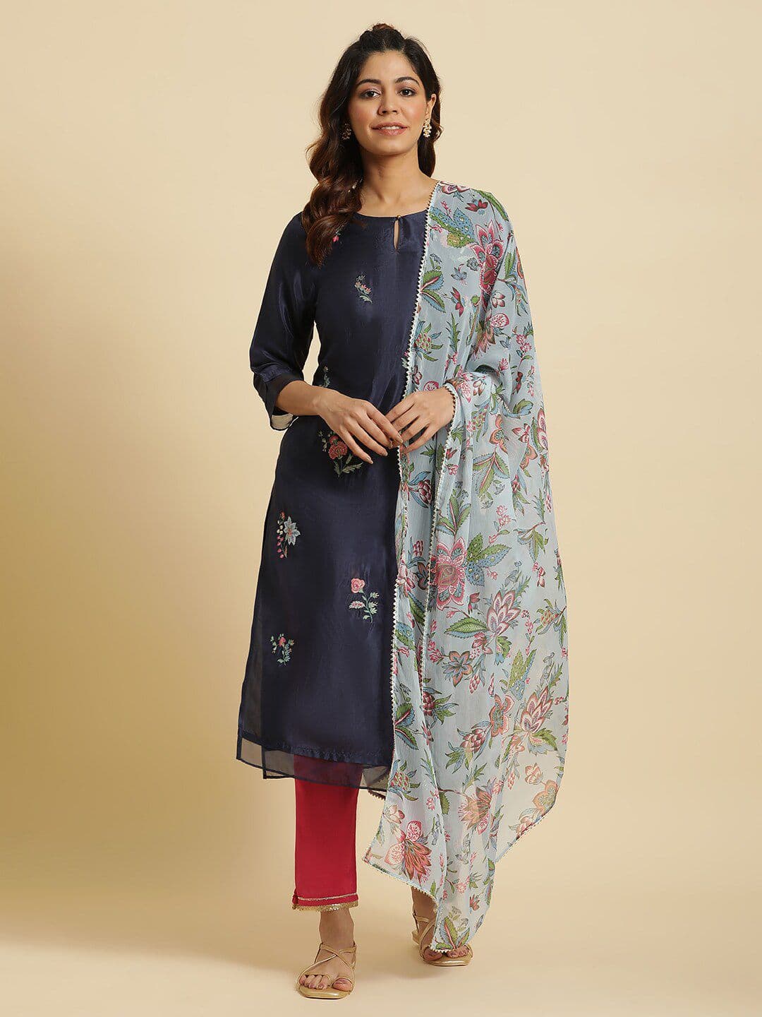 W Blue & Green Floral Printed Dupatta With Gotta Patti - view 1