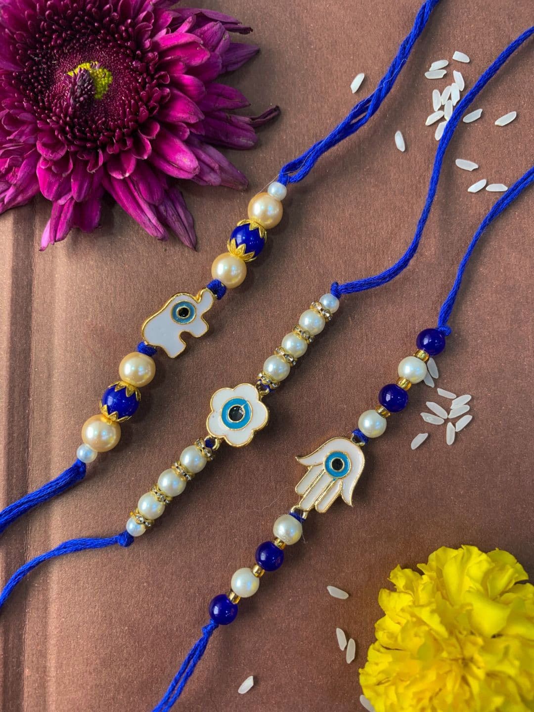 I Jewels Men Set Of 3 Gold-Plated Evil Eye Charm Rakhi With Roli Chwal