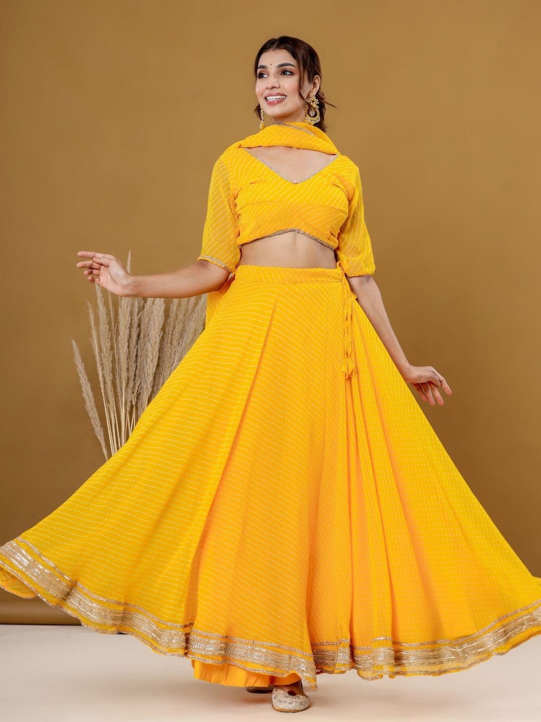 HOUSE OF JAMOTI Printed Yellow Striped Ready to Wear Lehenga & Blouse With Dupatta - view 1