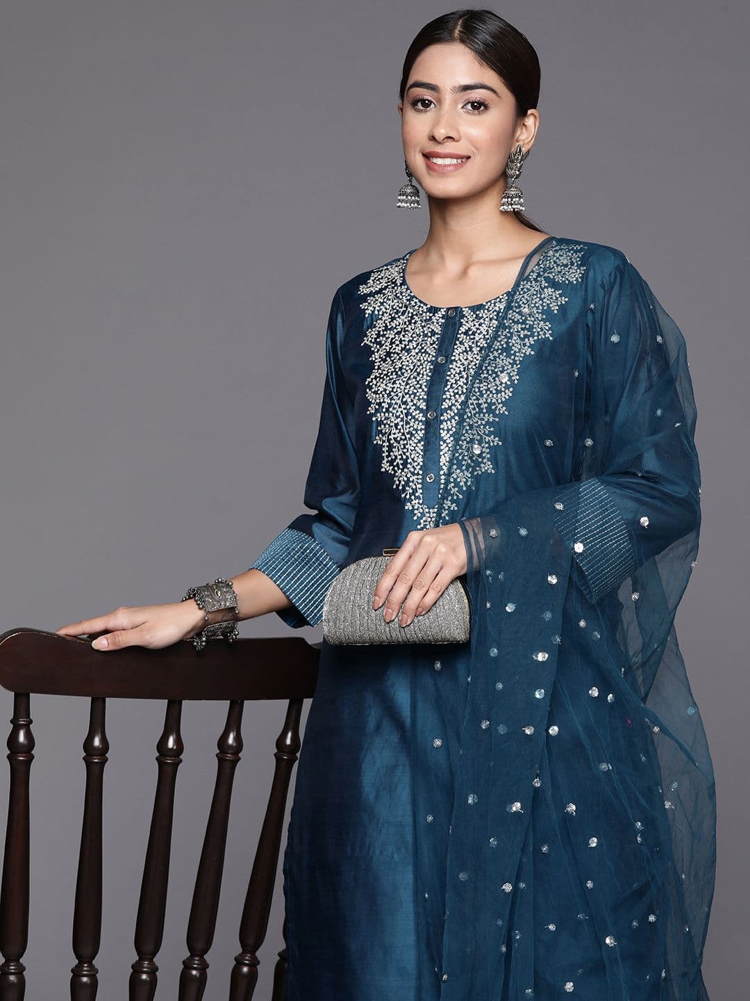 Varanga Floral zari Embroidered Chanderi Silk Kurta with Trousers & Dupatta - view 1
