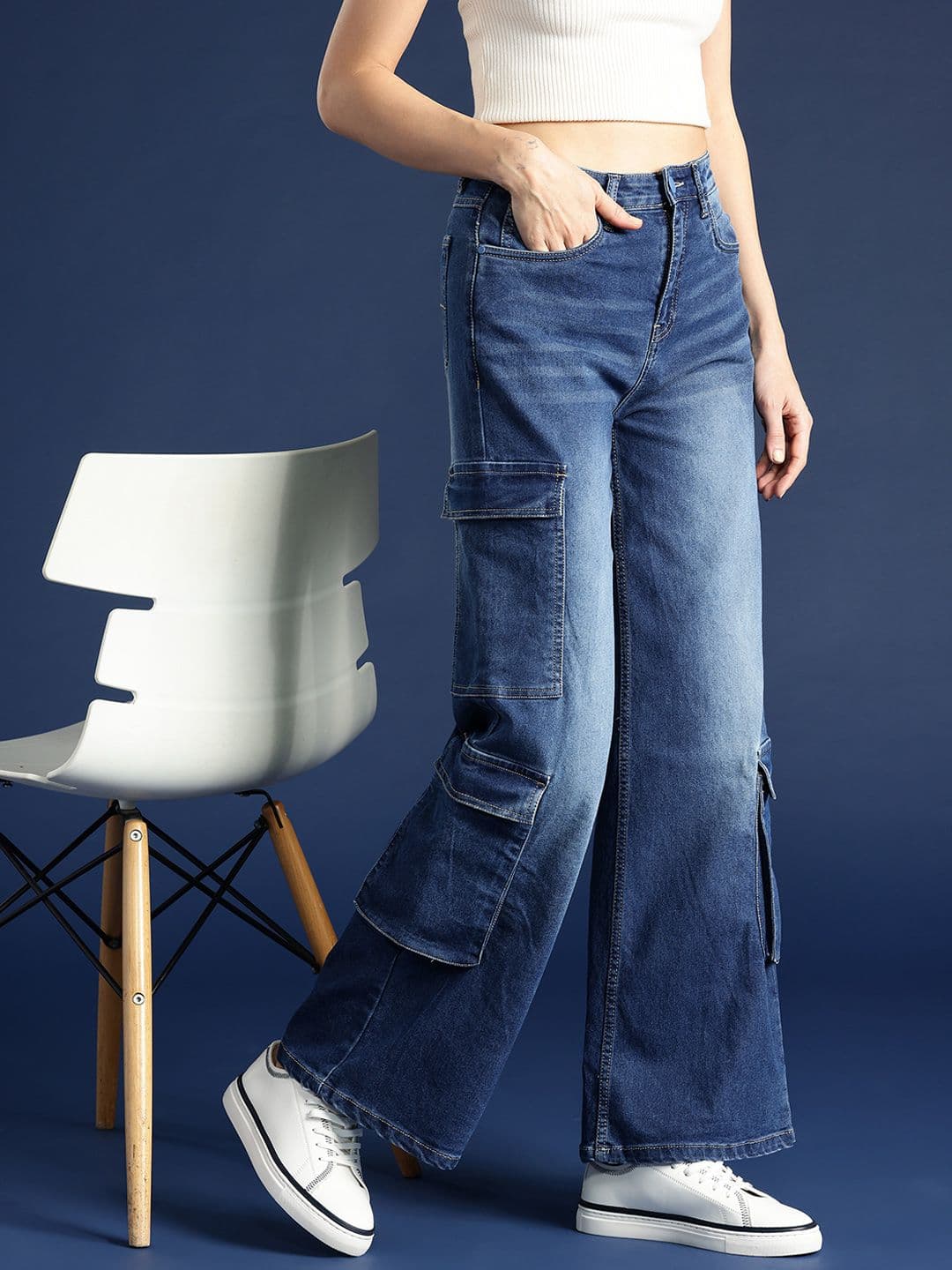 Mast & Harbour Women Wide Leg High-Rise Light Fade Stretchable Cargo Jeans - view 1