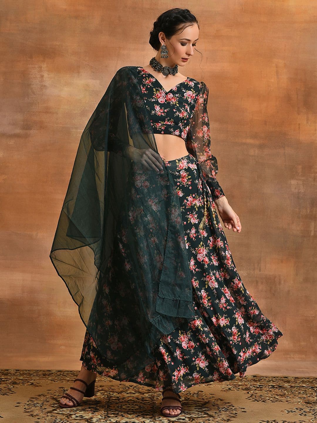 AKS Floral Printed V-Neck Ready to Wear Lehenga & Blouse With Dupatta - view 1