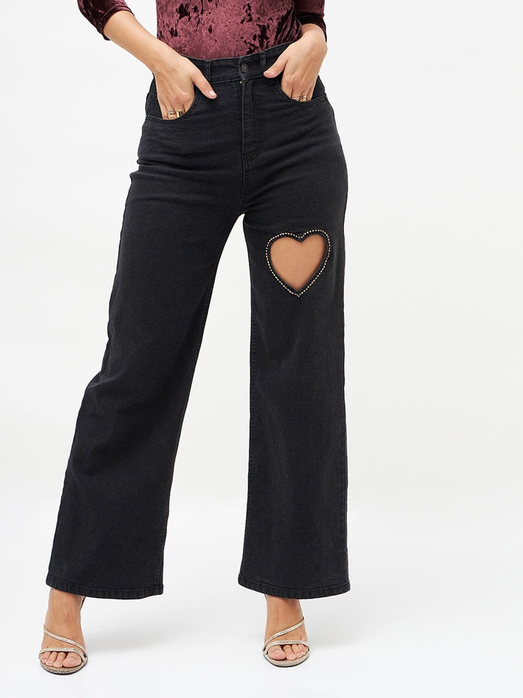 SASSAFRAS Women Straight Fit High-Rise Low Distress Embellished Stretchable Jeans - view 1