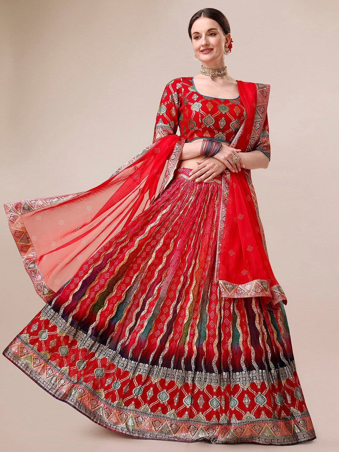 SAPTRANGI Embellished Semi-Stitched Lehenga & Unstitched Blouse With Dupatta - view 1