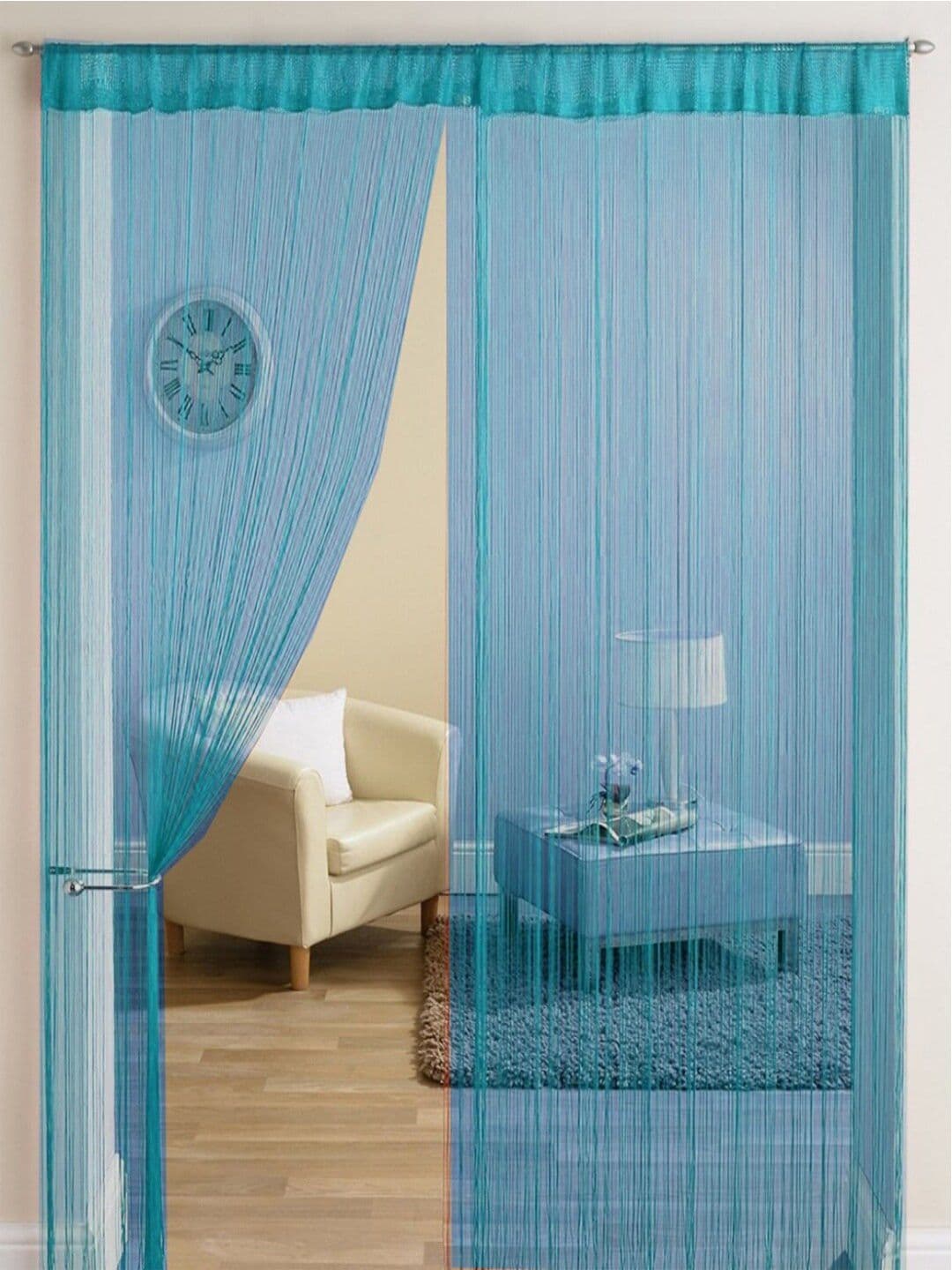 Homefab India Turquoise Blue 2 Pieces Thread Strings Sheer Long Door Curtains - view 1
