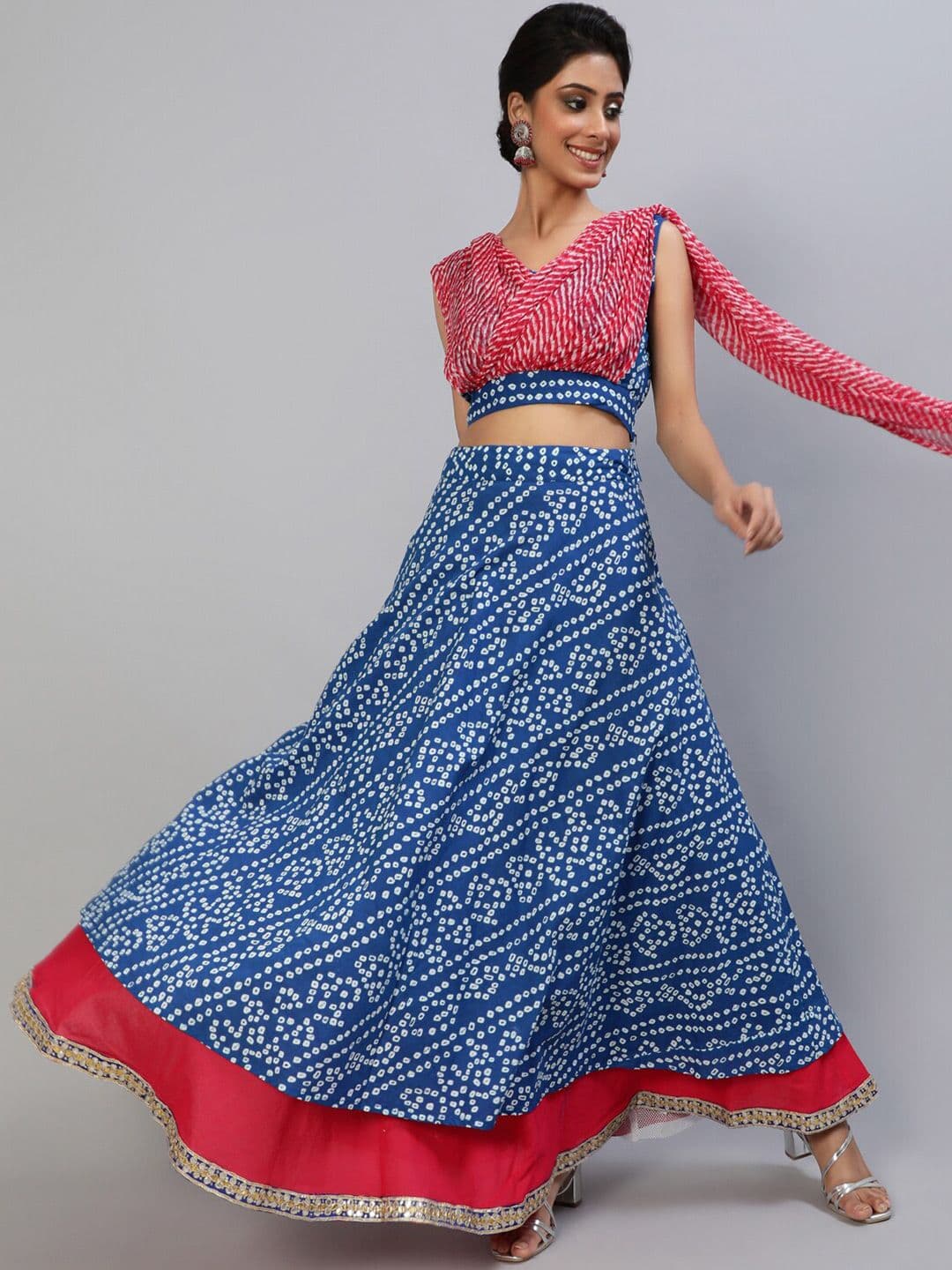 AKS Blue & Red Printed Ready to Wear Lehenga & Blouse With Dupatta - view 1