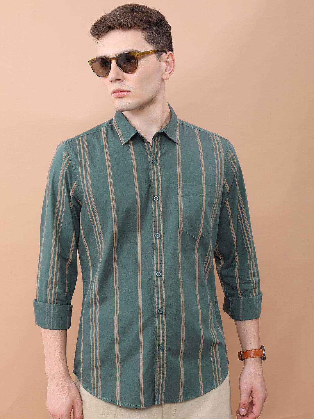 HIGHLANDER Green Vertical Striped Slim Fit Spread Collar Cotton Casual Shirt - view 1