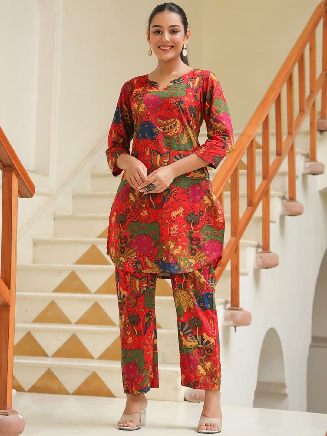 Rain & Rainbow Abstract Printed Pure Cotton Round Neck Tunic With Trousers - view 1