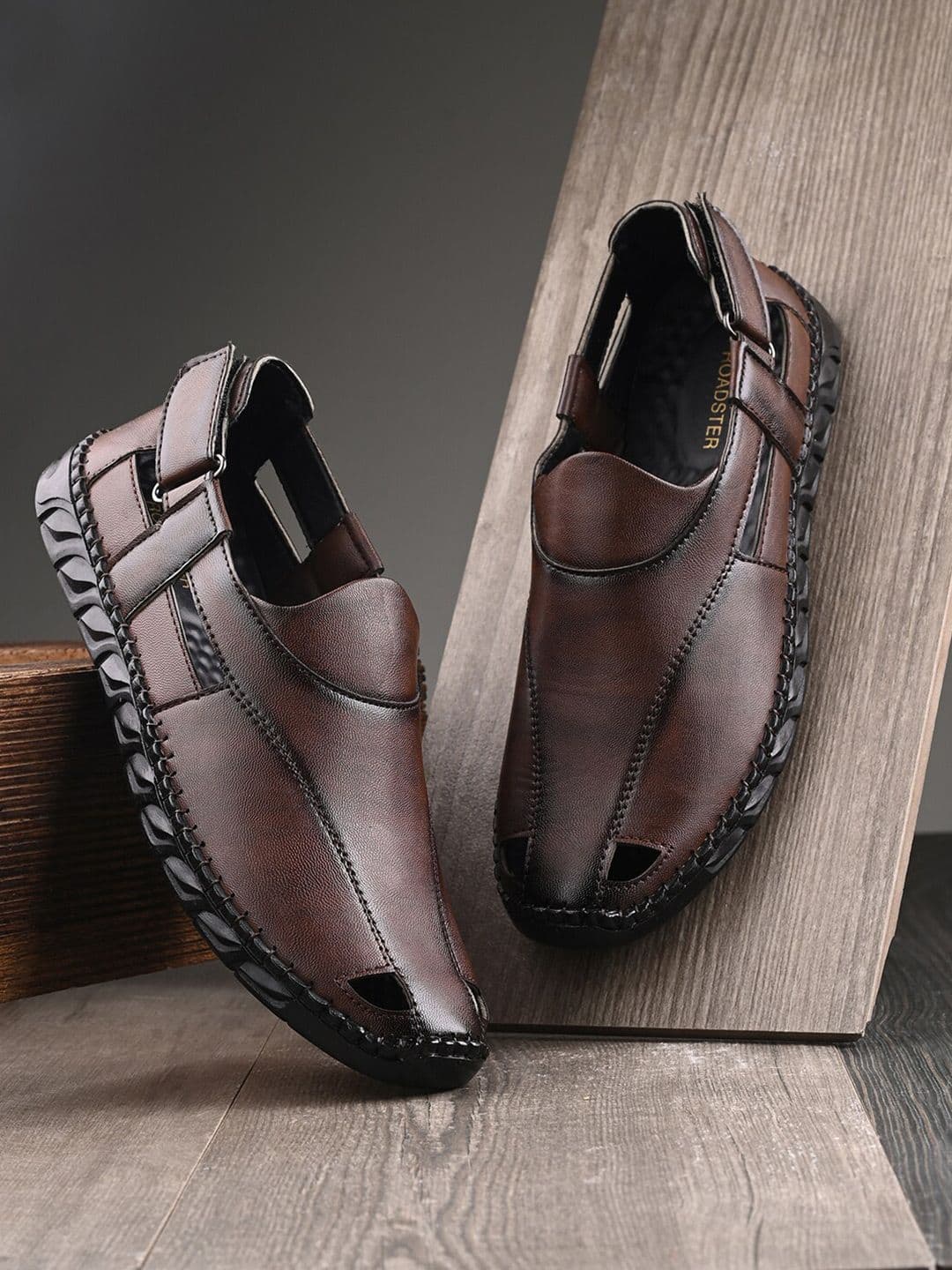 The Roadster Lifestyle Co. Men Brown Textured Shoe-Style Sandals With Velcro Closure - view 1