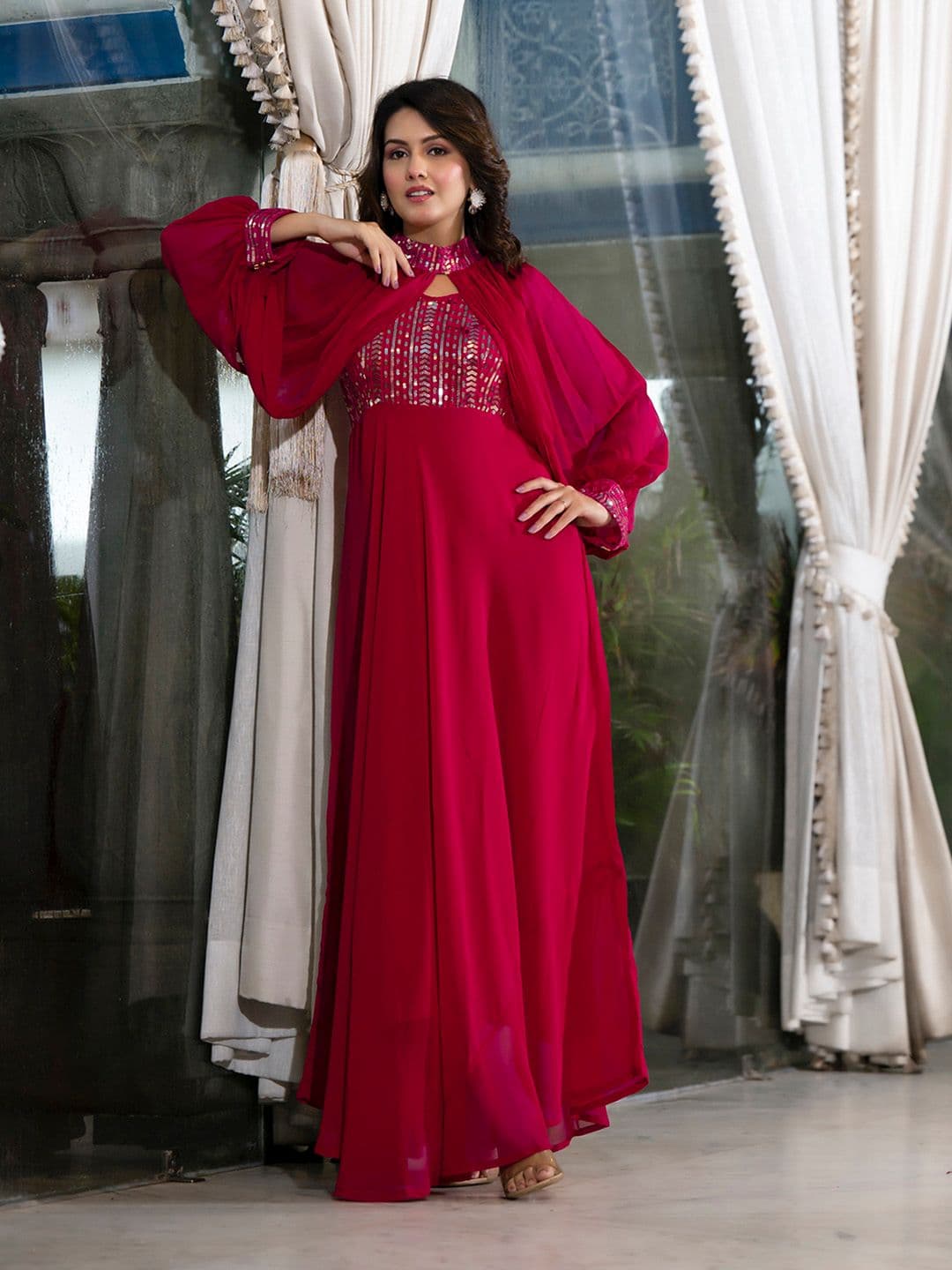 AKS Couture Embellished Sequinned Georgette Maxi Ethnic Dress With Cape Sleeves - view 1