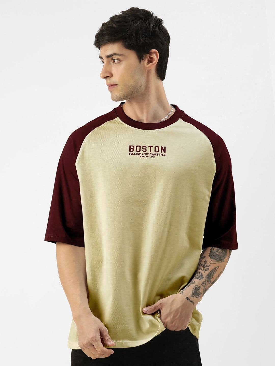Maniac Colourblocked Round Neck Raglan Sleeves Oversized Cotton T-shirt - view 1