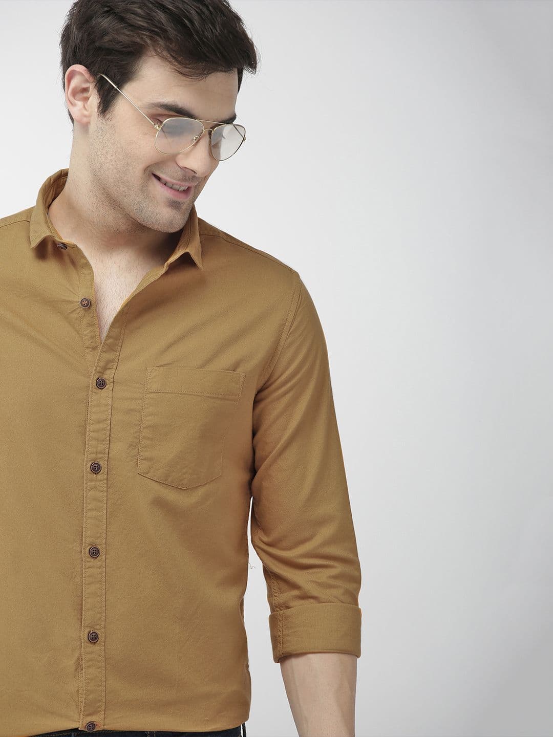 Mast & Harbour Men Mustard Brown Slim Fit Solid Casual Shirt - view 1