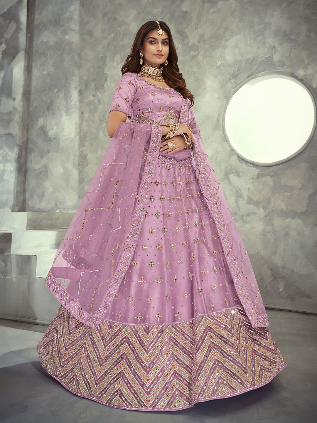 Fusionic Lavender & Gold-Toned Embroidered Semi-Stitched Lehenga & Unstitched Blouse With - view 1