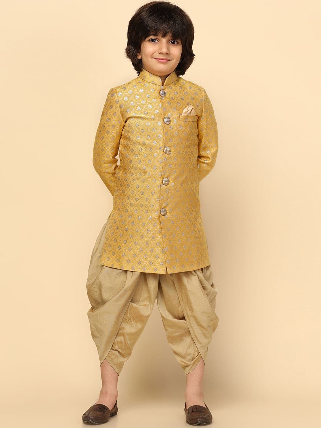 KISAH Boys Woven Design Mandarin Collar Cotton Indowestern Sherwani Set
