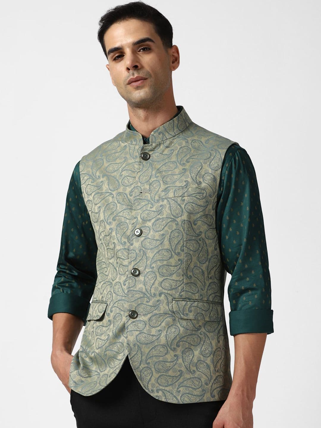 Peter England Elite Paisley Printed Mandarin Collar Nehru Jackets - view 1
