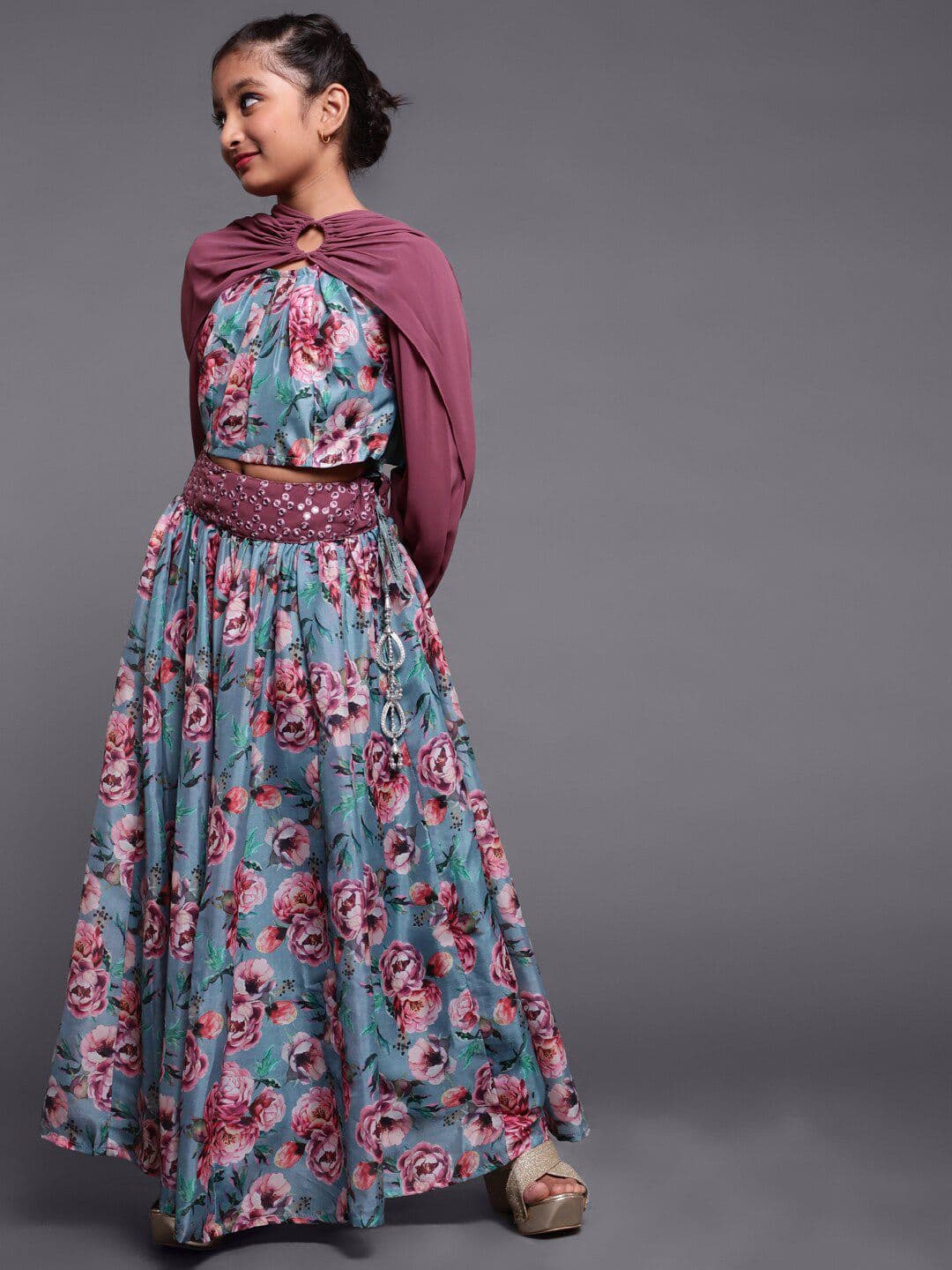 Aks Kids Girls Printed Mirror Work Shibori Ready To Wear Lehenga & Blouse With Dupatta - view 1