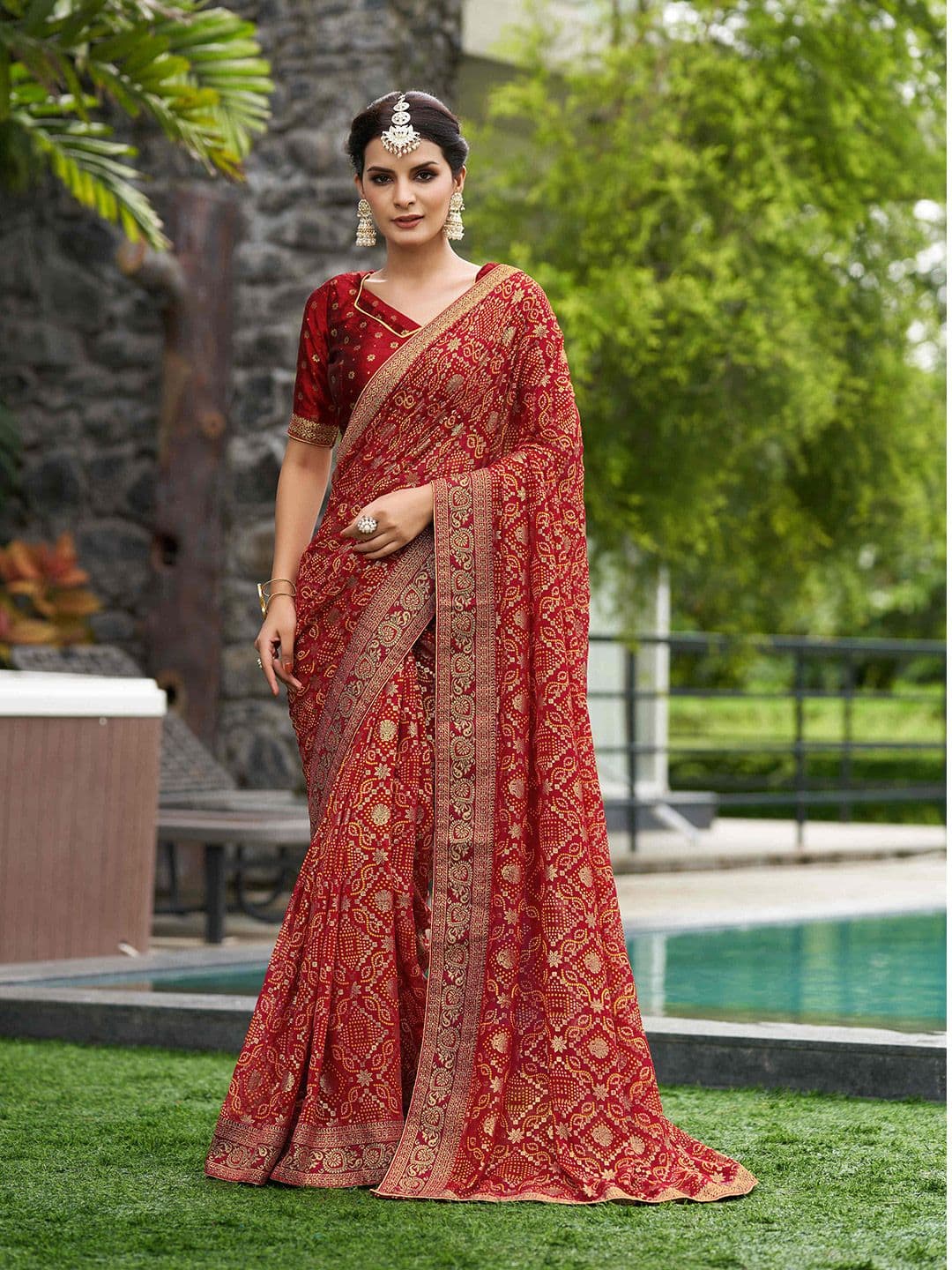 Mitera Red & Gold-Toned Ethnic Motifs Printed Pure Georgette Saree - view 1