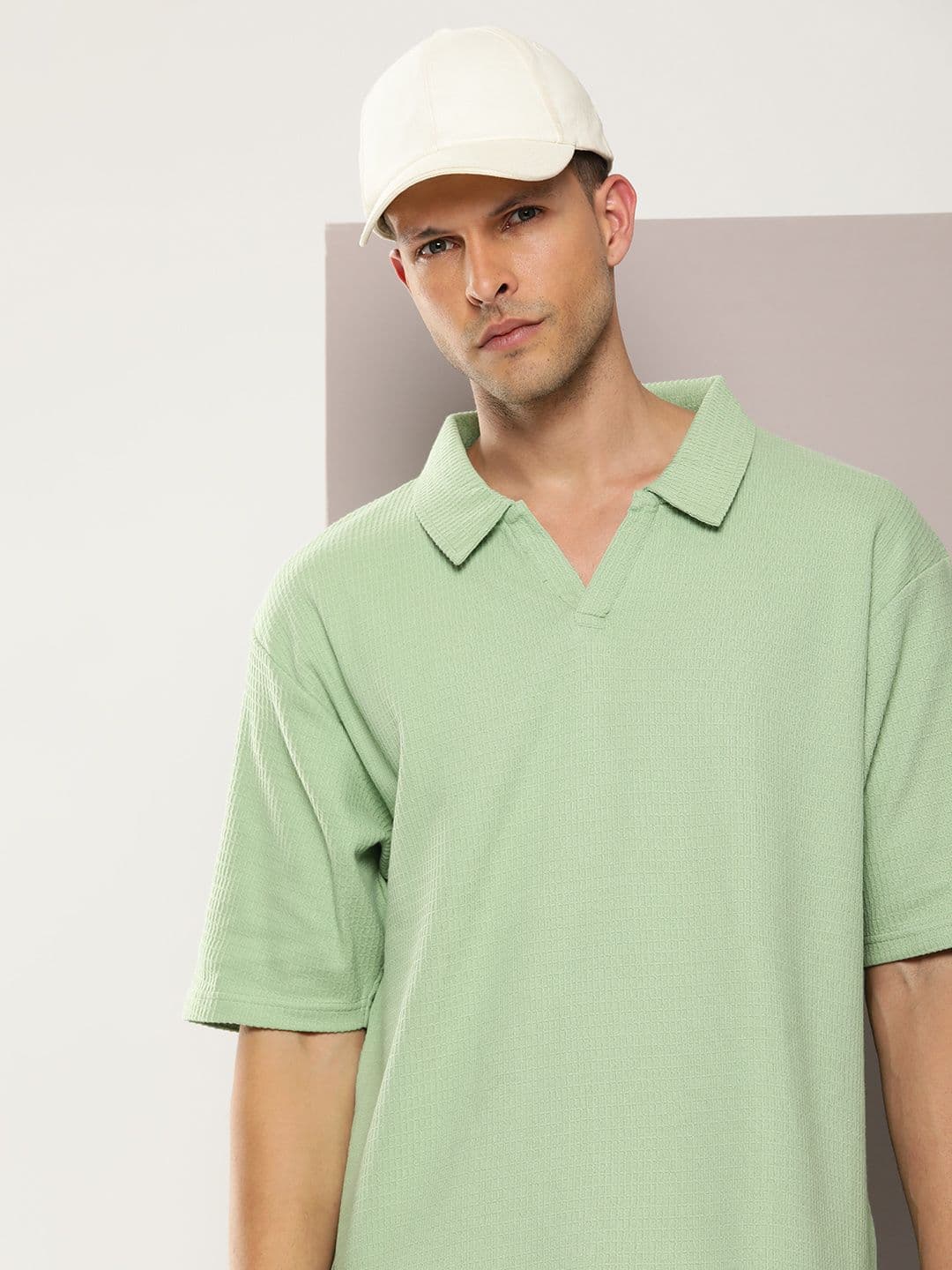 DILLINGER Men Waffle Structure Self Design Oversized Polo Collar T-shirt - view 1