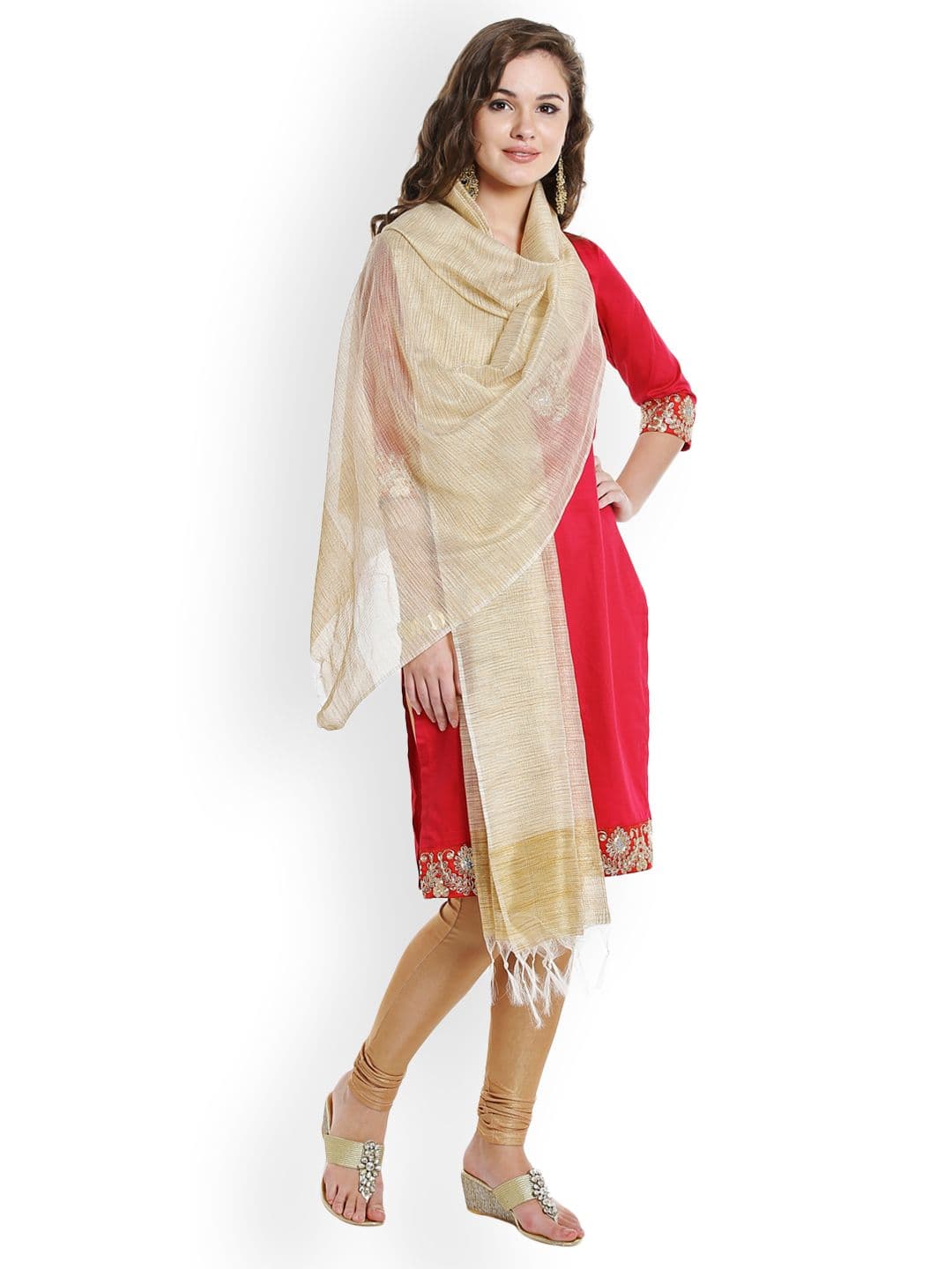 Dupatta Bazaar Beige & Gold-Toned Woven Design Dupatta - view 1