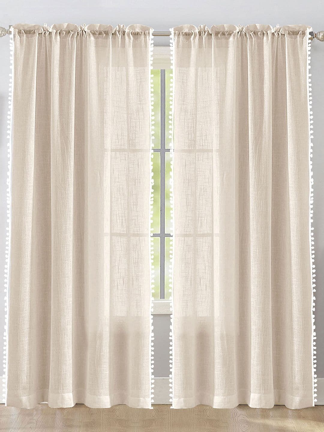 HOMEMONDE Beige & White 2-Pieces Sheer Window Curtains - view 1