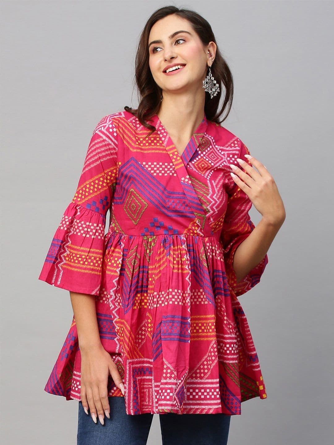 Sangria Bandhani Printed V-Neck Pure Cotton Angrakha Anarkali Short Kurti - view 1