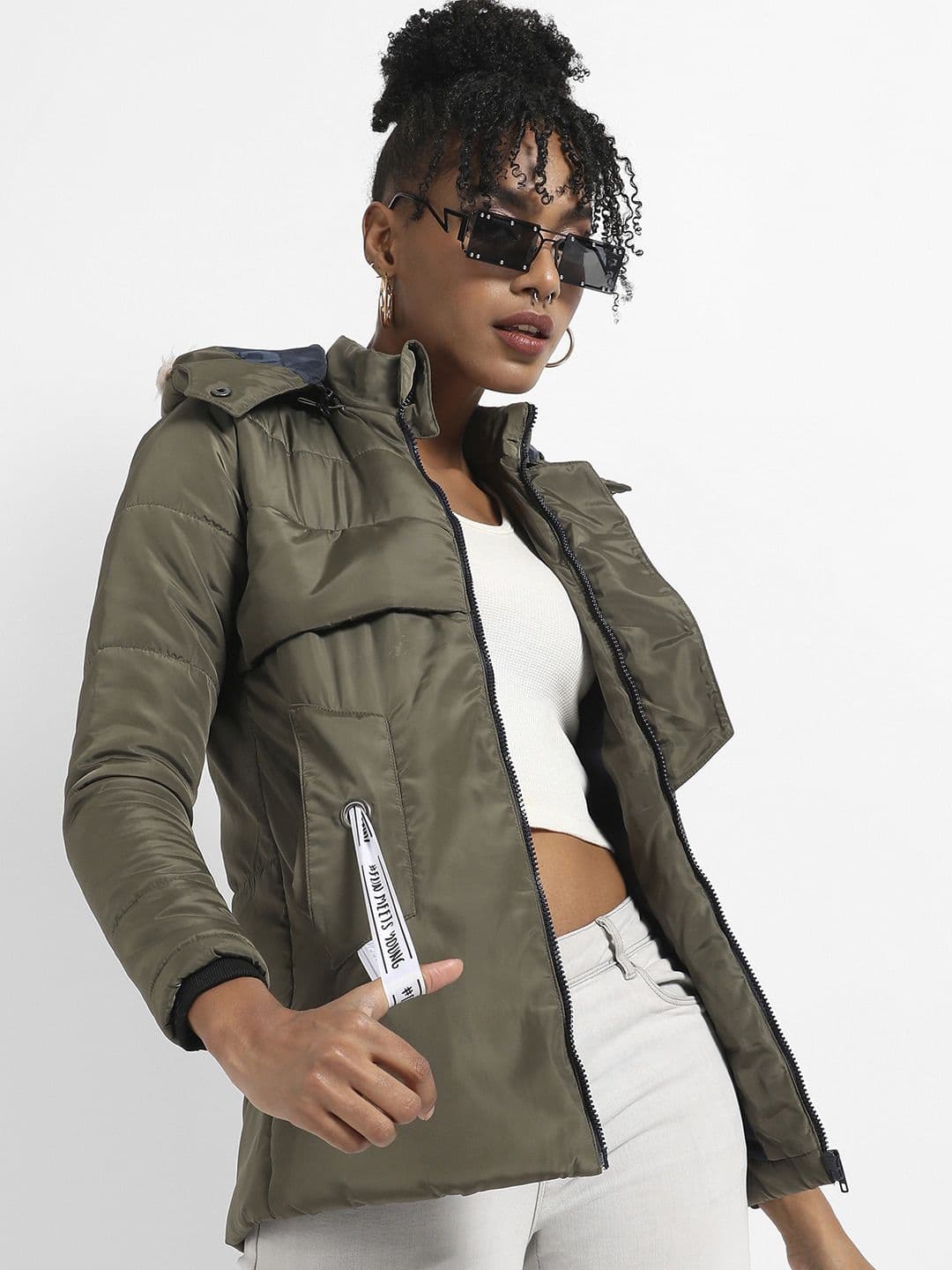 PINACOLADA Striped Hooded Faux Leather Trim Windcheater Padded Jacket - view 1