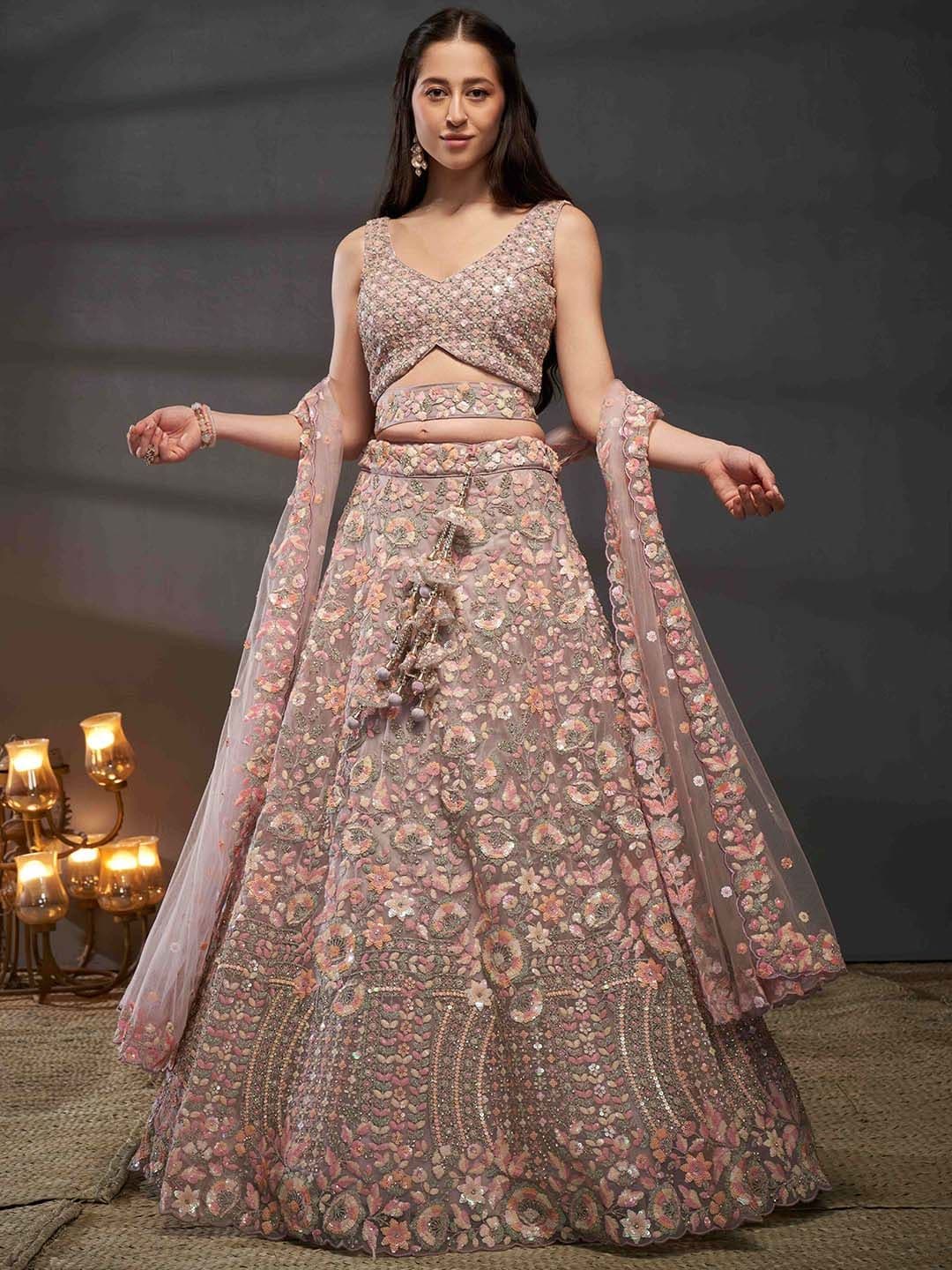panchhi Pink Embroidered Sequinned Semi-Stitched Net Lehenga & Unstitched Blouse With Dupatta - view 1