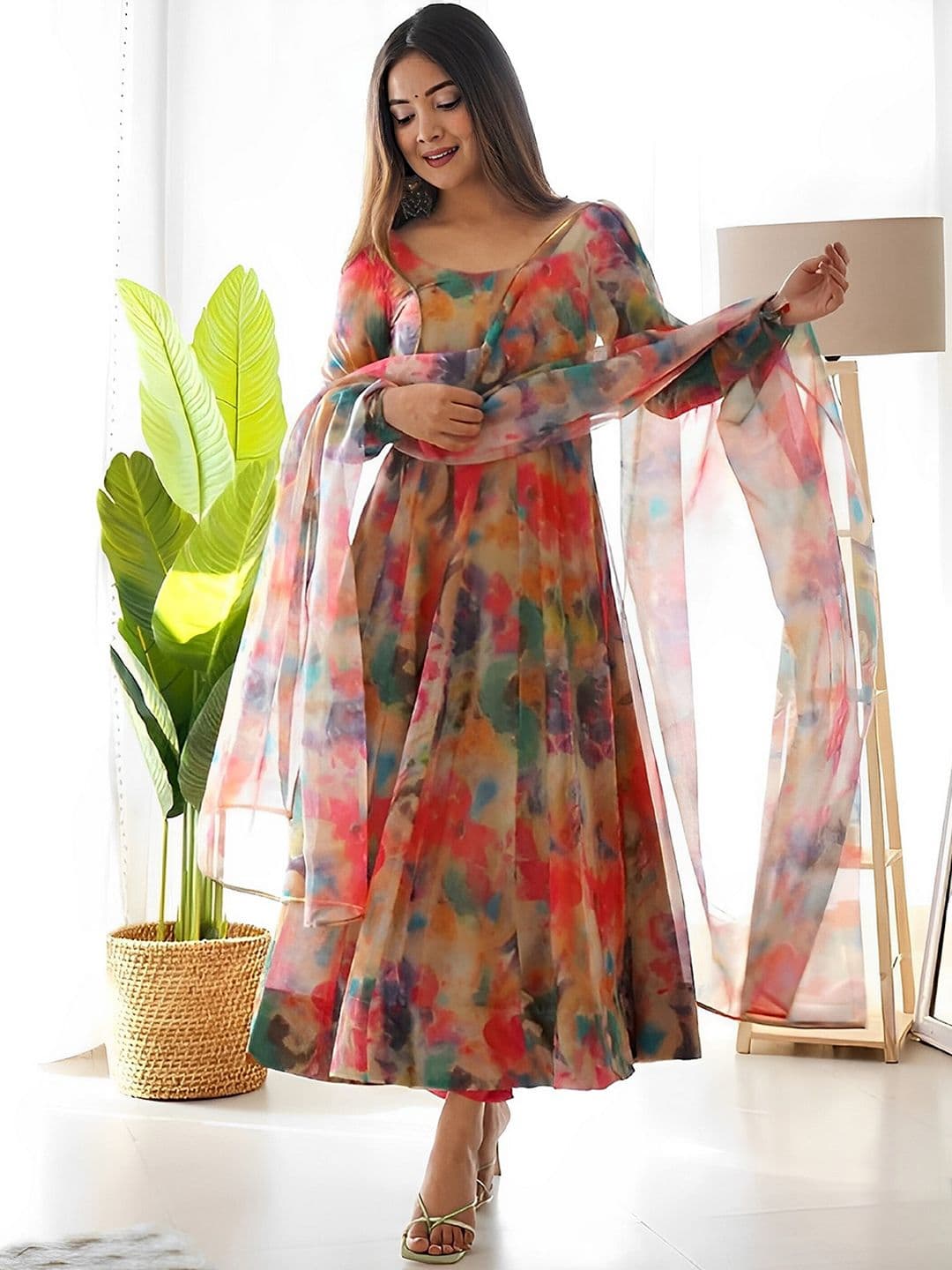 KALINI Abstract Printed Gotta Patti Anarkali Kurta With Trousers & Dupatta - view 1