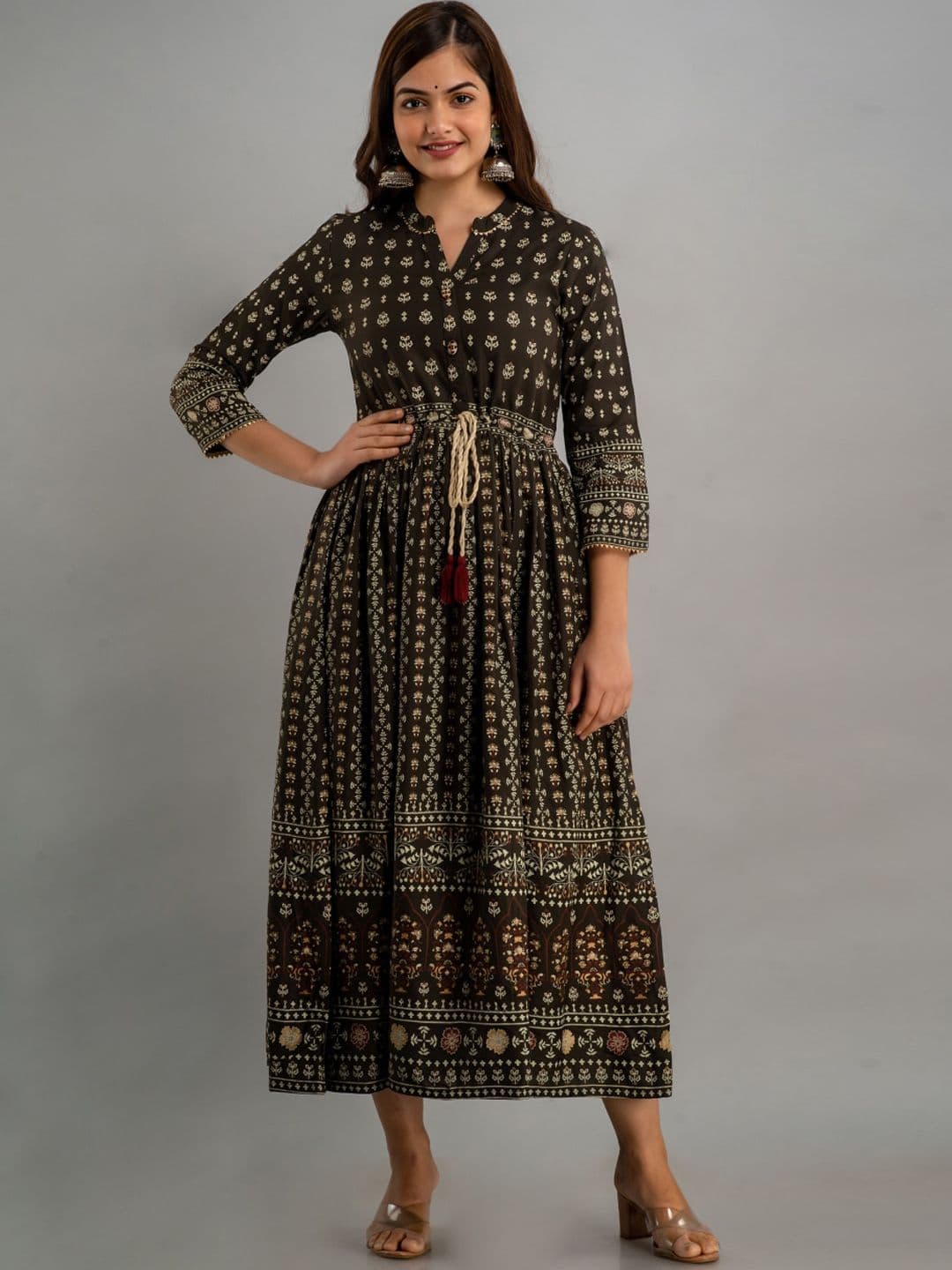 NISHABD Ethnic Motif Printed Mandarin Collar Tie-Ups A-Line Ethnic Dress - view 1