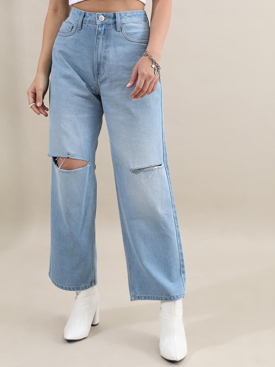 Tokyo Talkies Women Mid-Rise Flared Slash Knee Light Fade Jeans - view 1