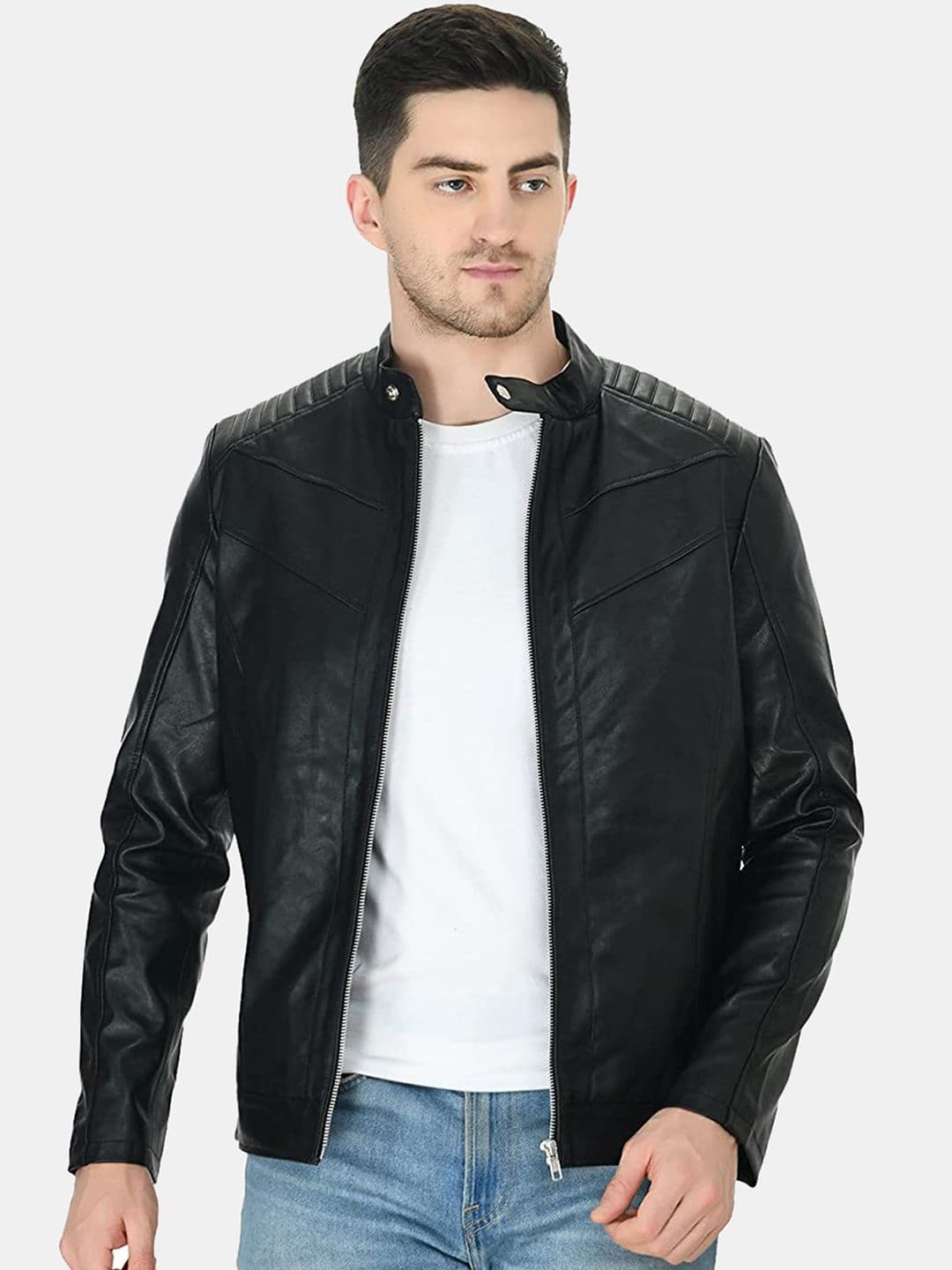 TBOJ Stand Collar Lightweight Biker Jacket With Zip Detail - view 1